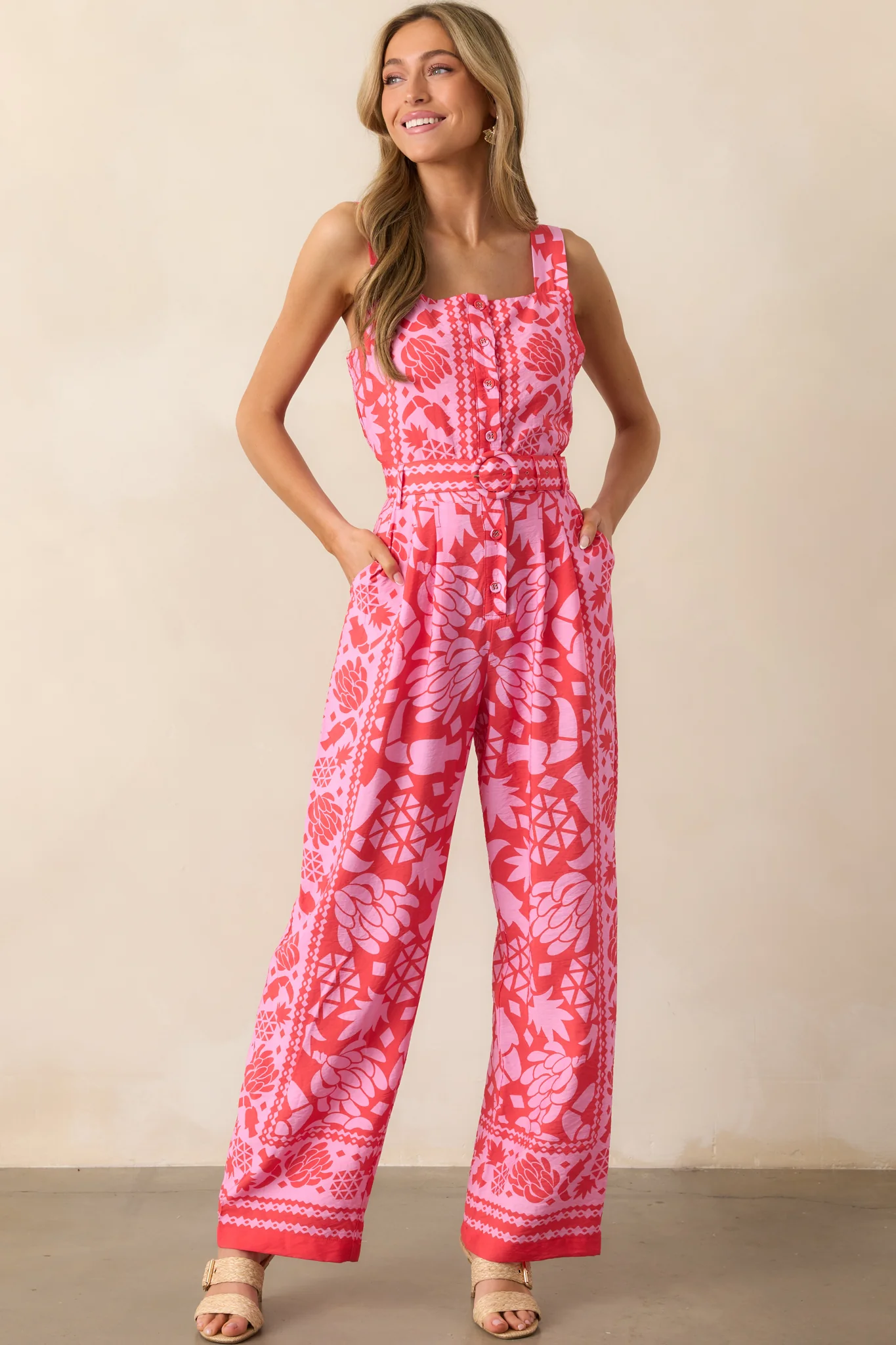 Take The Leap Coral Pink Floral Button Front Belted Jumpsuit