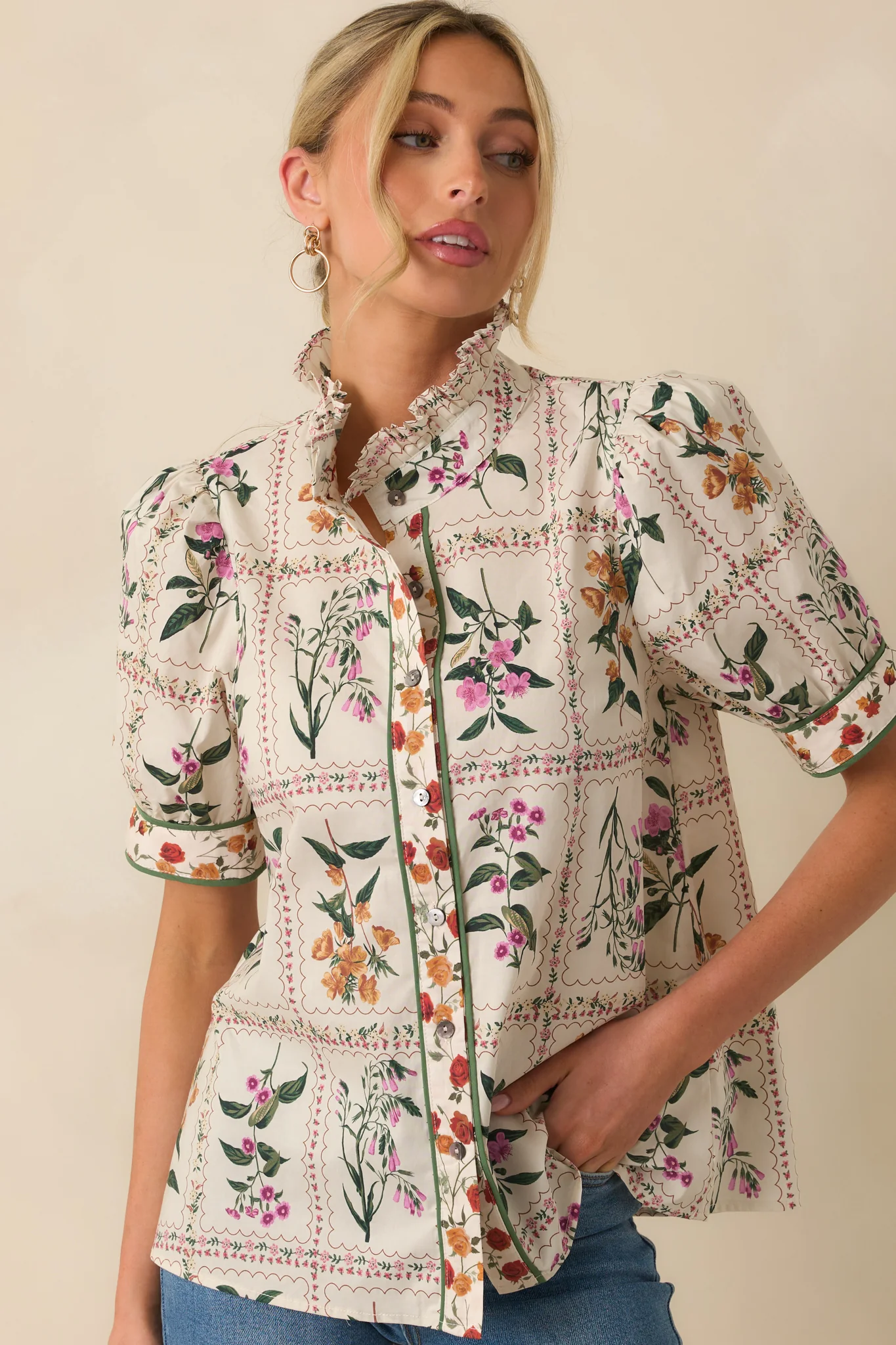 Full Of Light Ivory Multi Floral Print Cotton Button Up Top