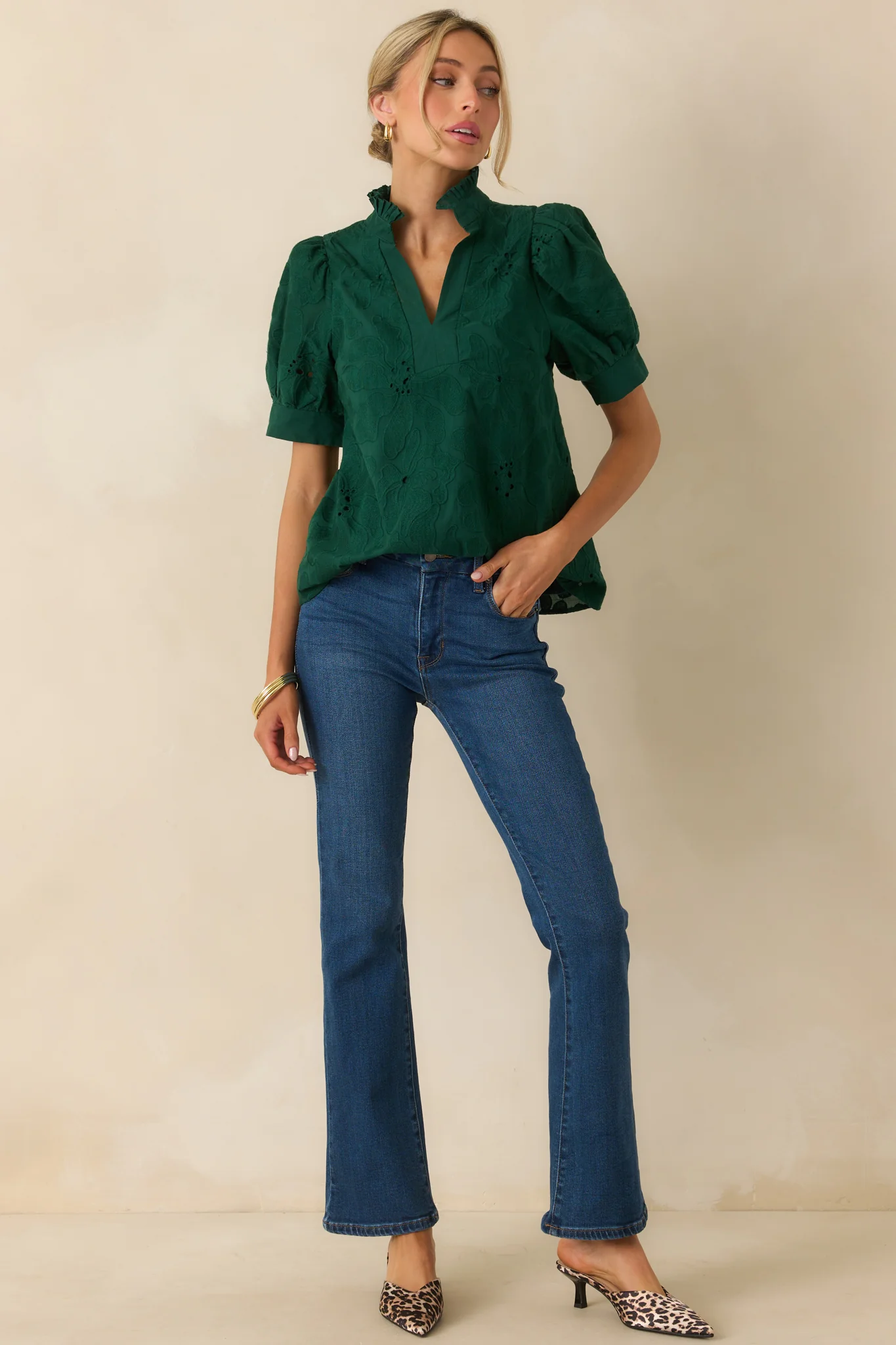 On The Record Hunter Green Floral Embroidered Eyelet Cotton Top