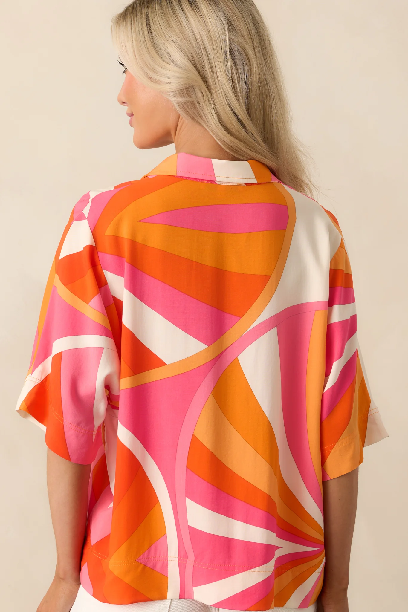 No Map Needed Orange Geometric Print Rayon Button Front Top