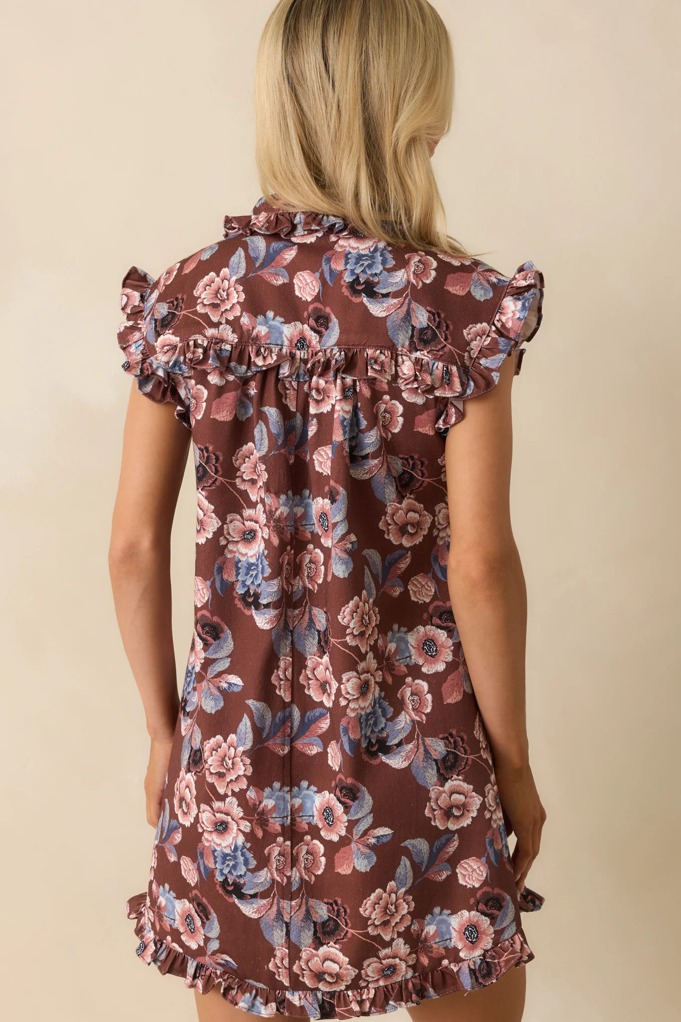 No Mistaking It Brown Multi Floral Print Cotton Denim Mini Dress