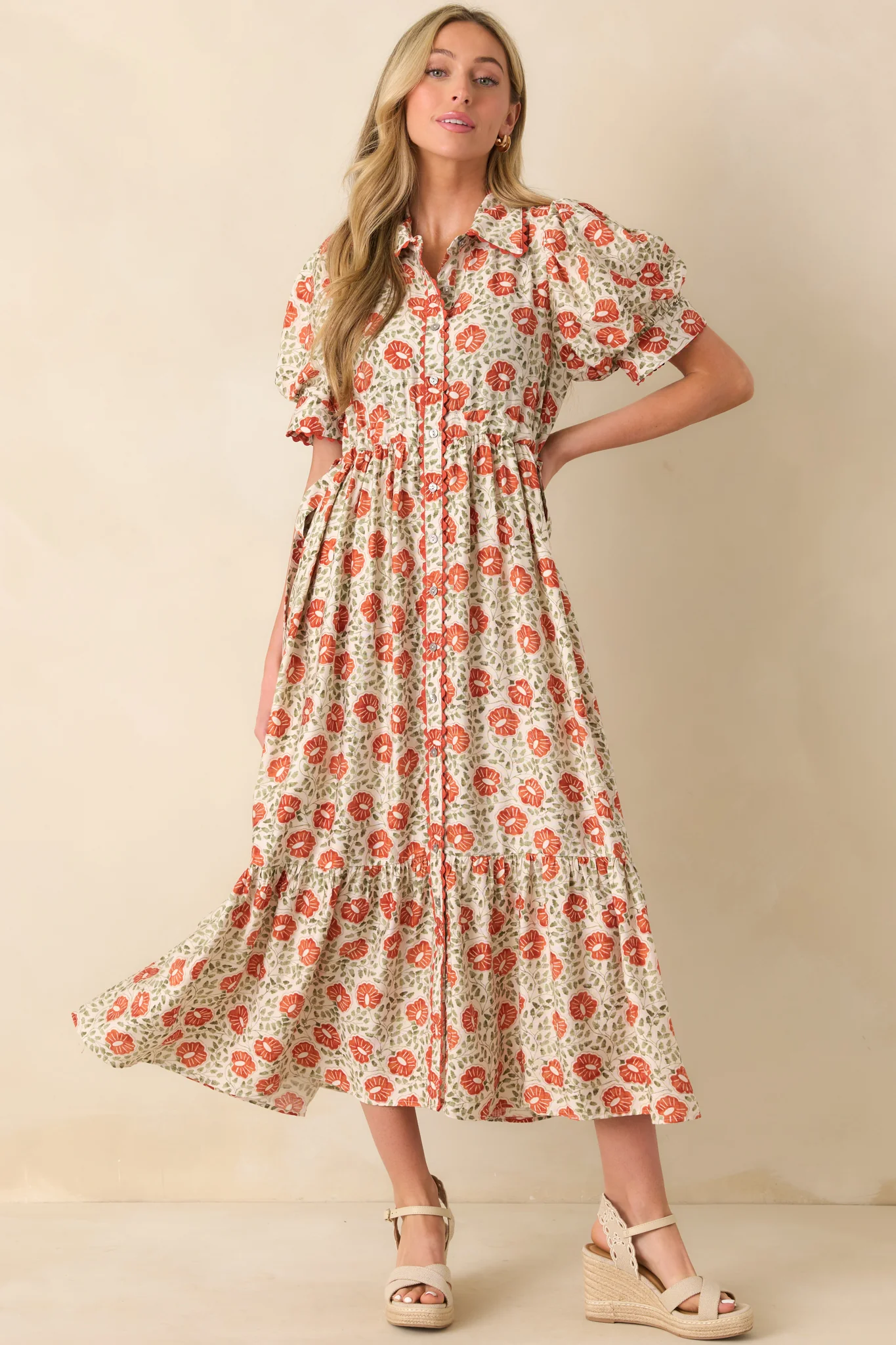 Today Is The Day Burnt Orange Multi Floral Print Maxi Shirt Dress