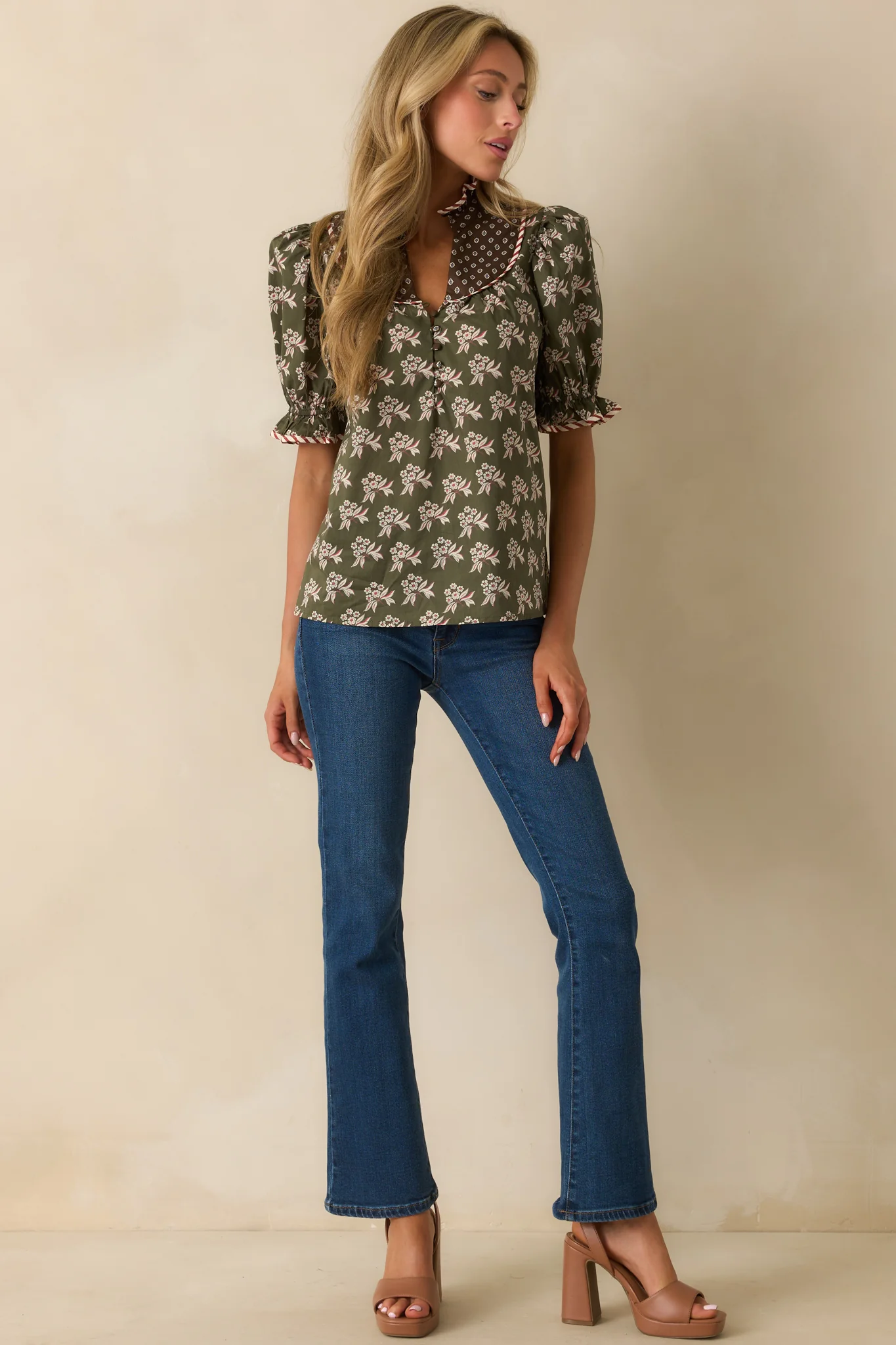 In No Time Olive Green Multi Floral Print Cotton Puff Sleeve Top