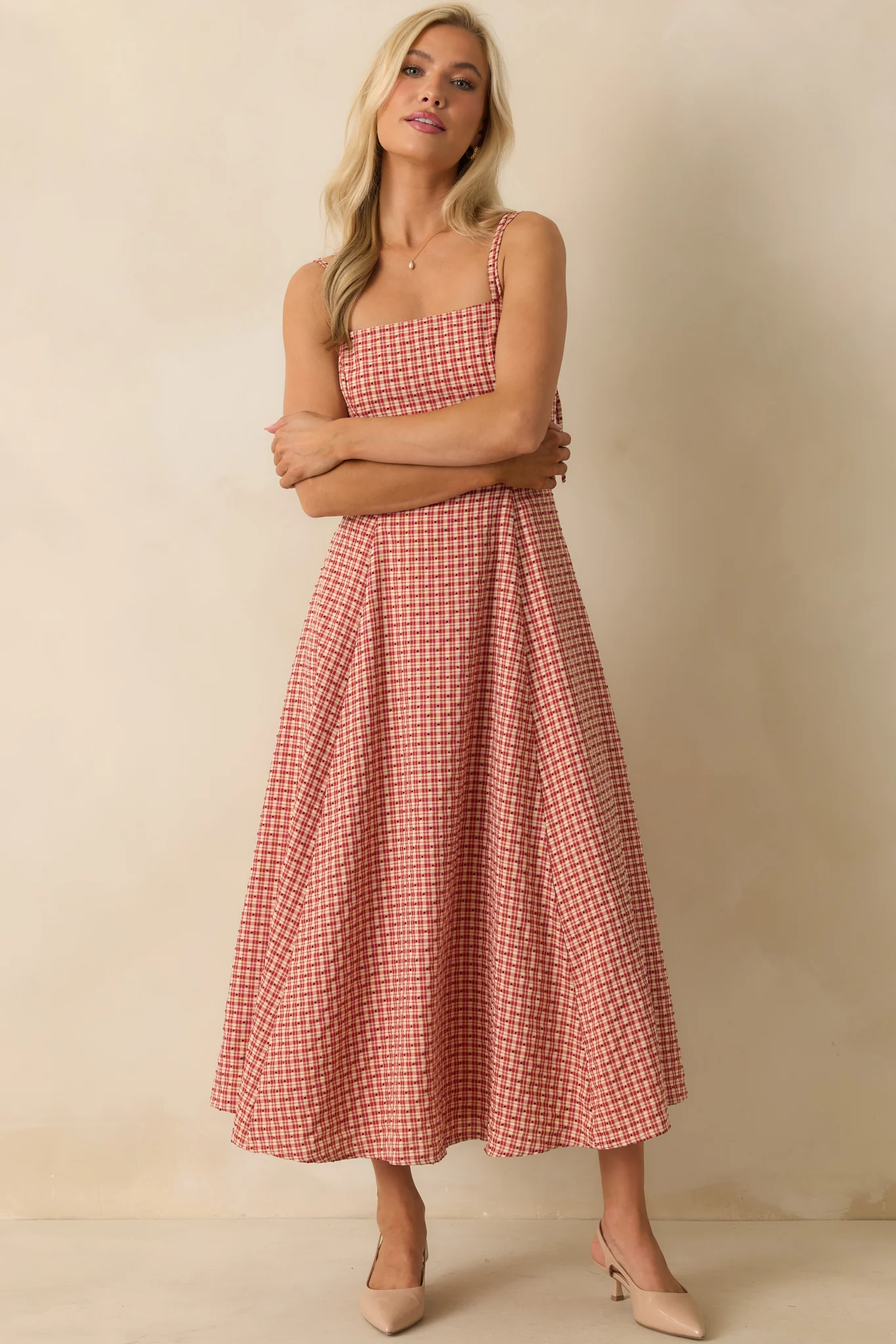 So Much To Say Red Gingham Polka Dot Sleeveless Maxi Dress