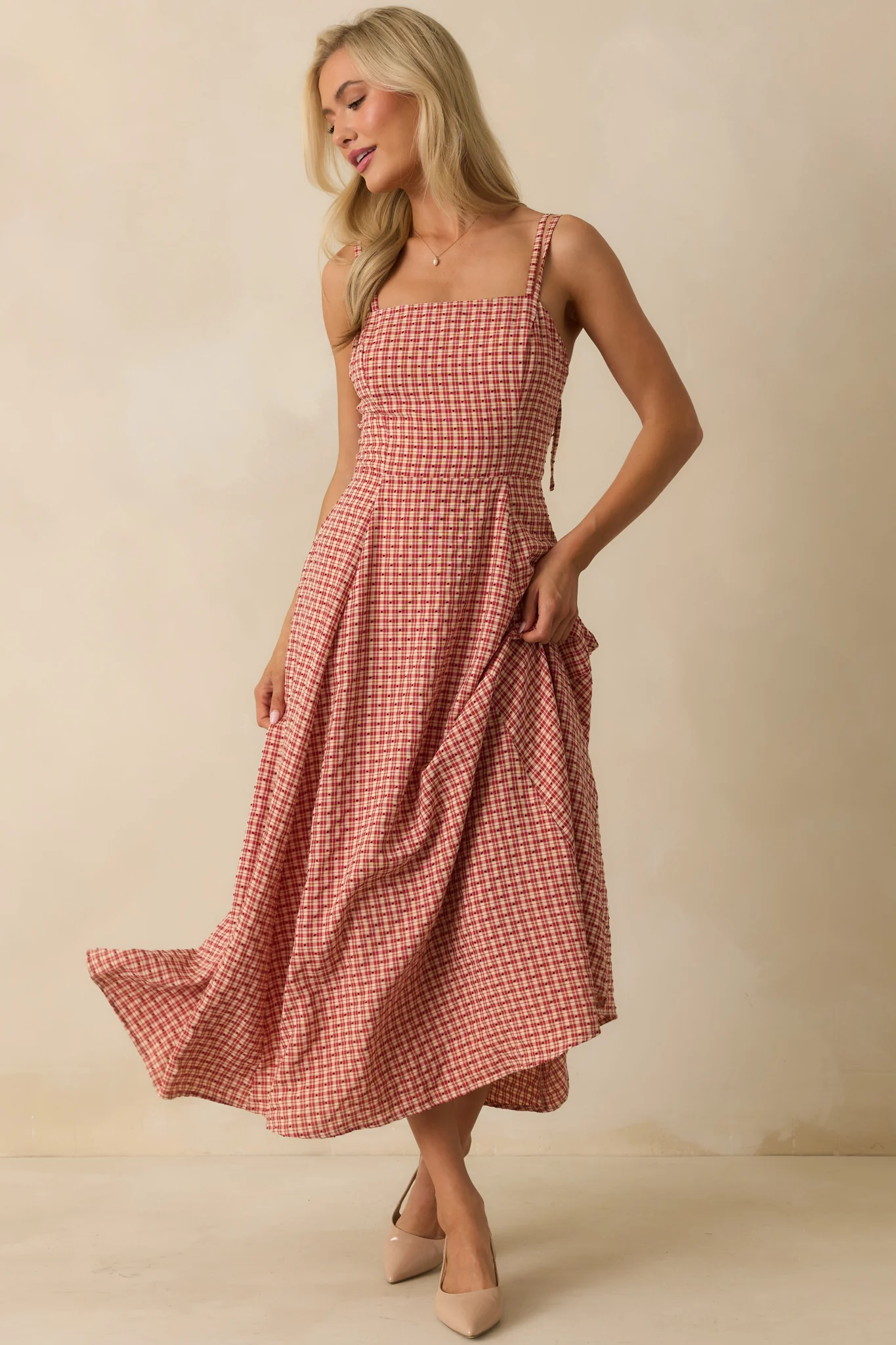 So Much To Say Red Gingham Polka Dot Sleeveless Maxi Dress