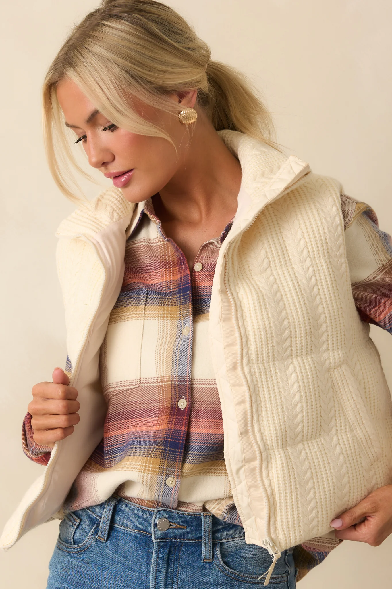 Ivory Cable Knit Puffer Vest