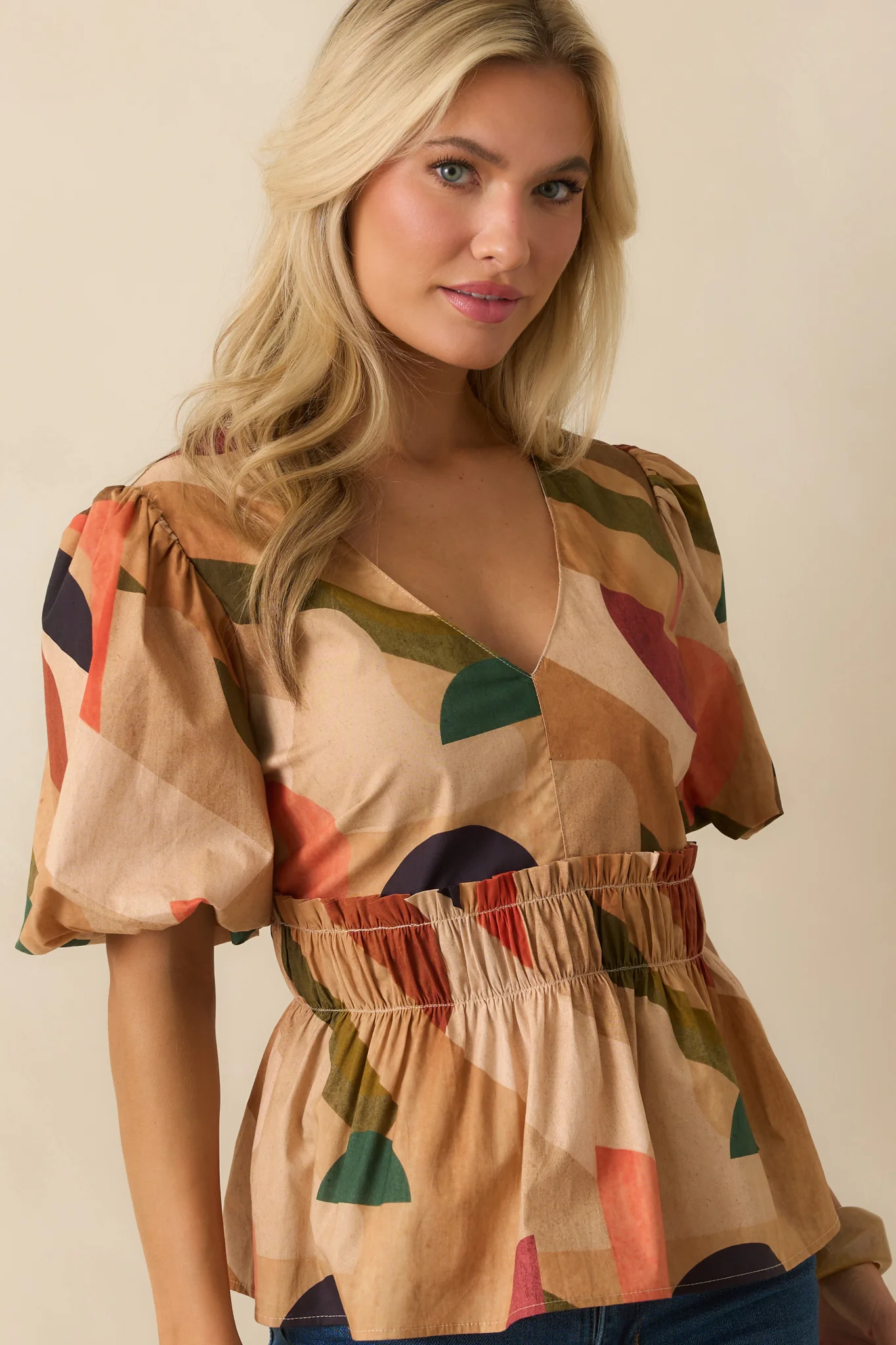 You’ll See Why Tan Multi Abstract Print Puff Sleeve Peplum Top