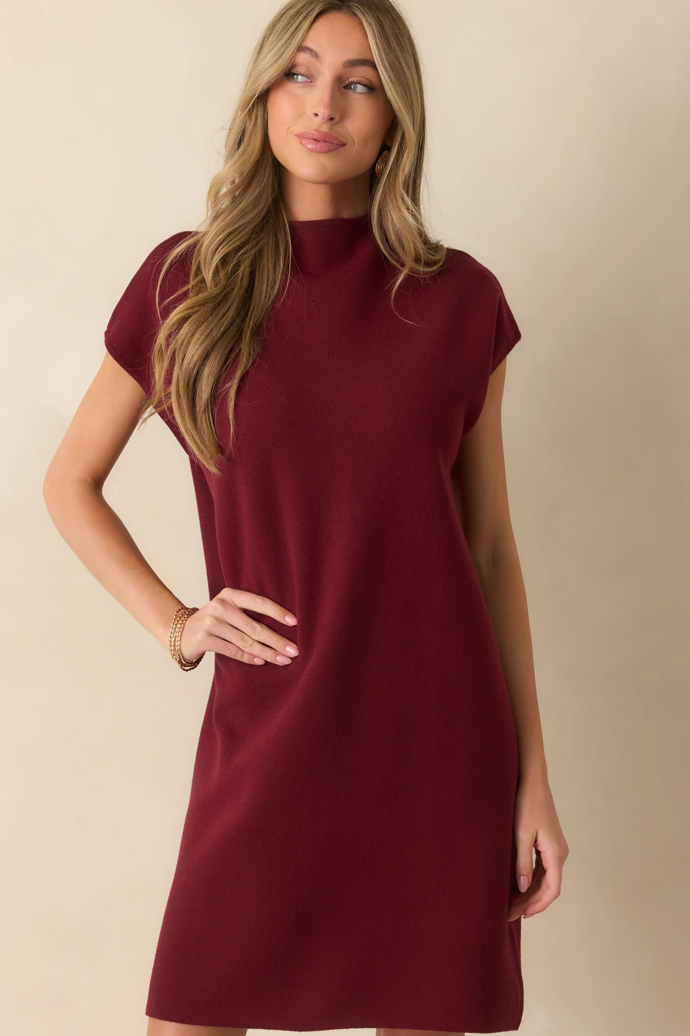 Burgundy Knit Mock Neck Mini Dress