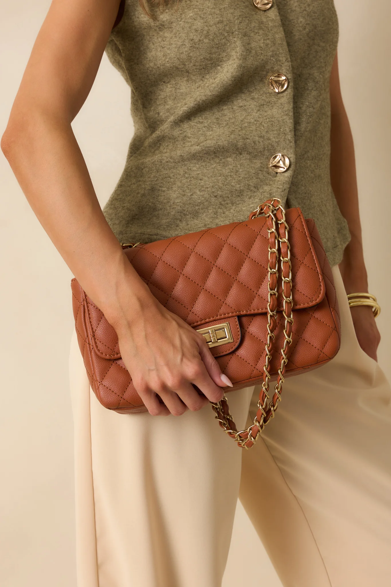 Only Gets Better Ginger Brown Quilted Faux Leather Handbag