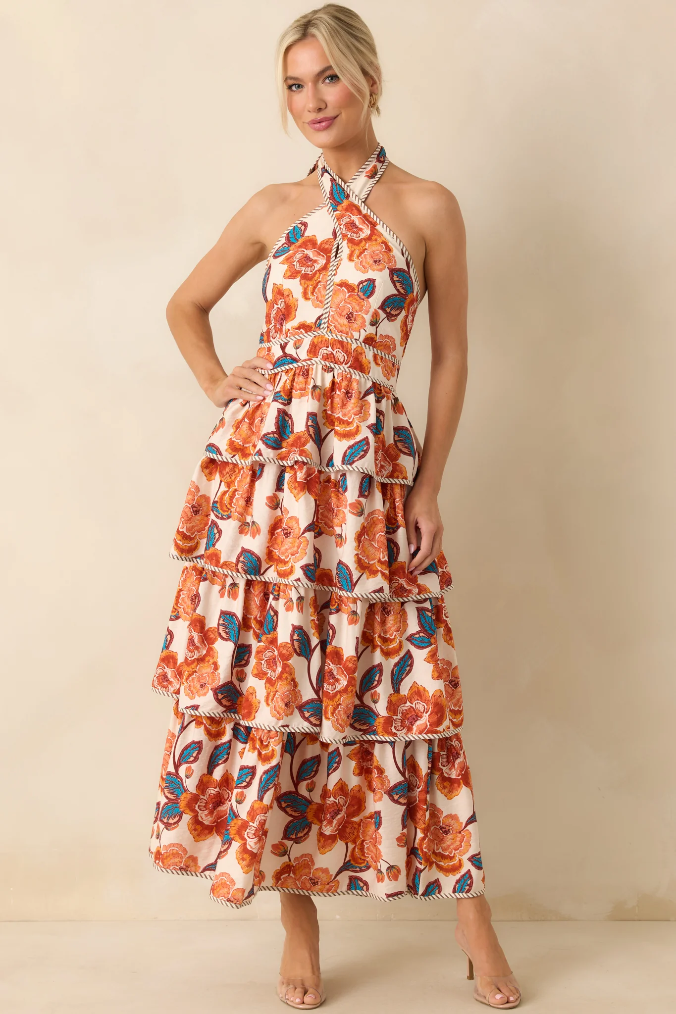 A Little Brighter Orange Floral Print Criss Cross Halter Maxi Dress