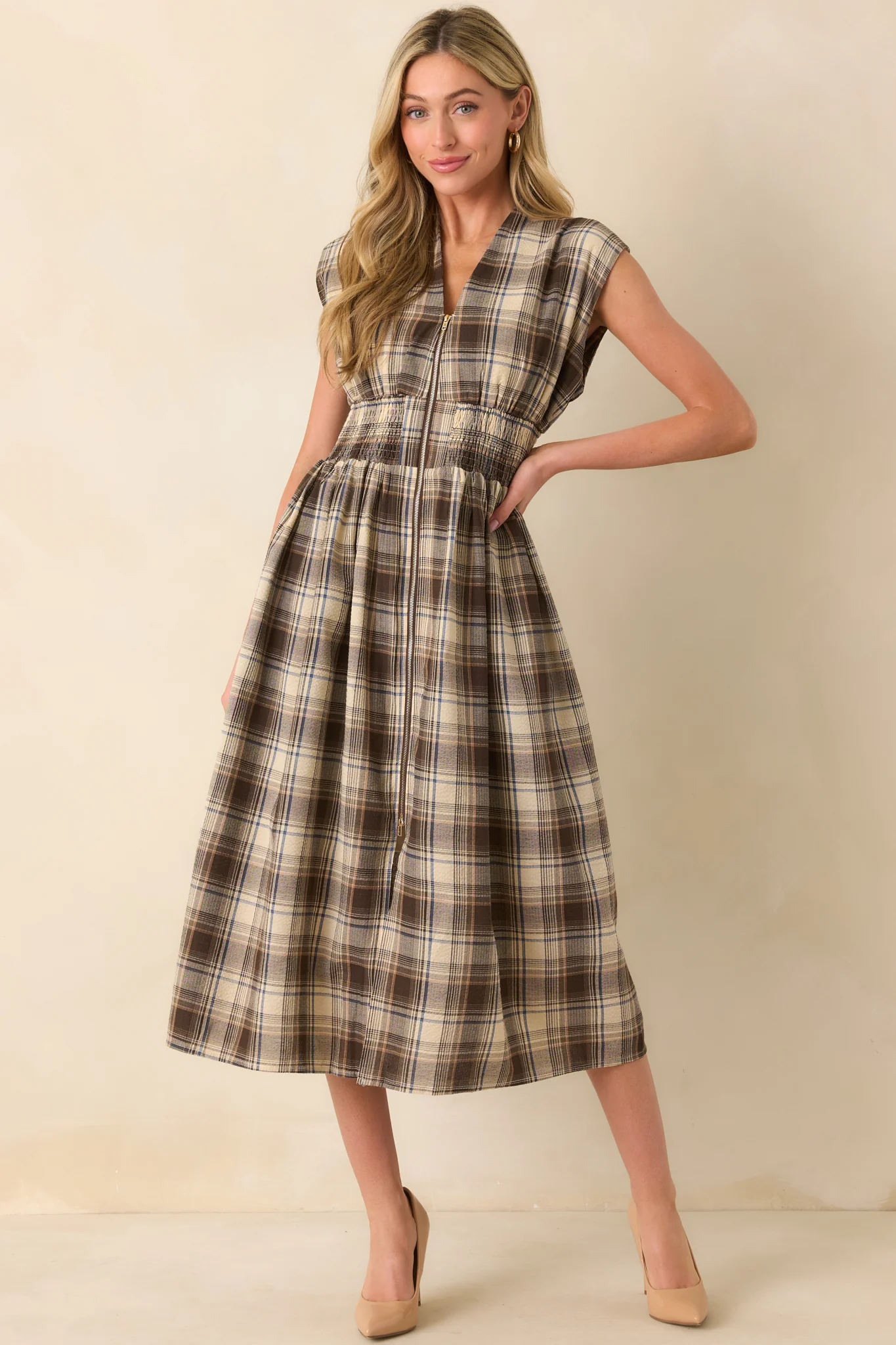 The Evette Mocha Brown Tartan Plaid Cotton Zip Front Midi Dress