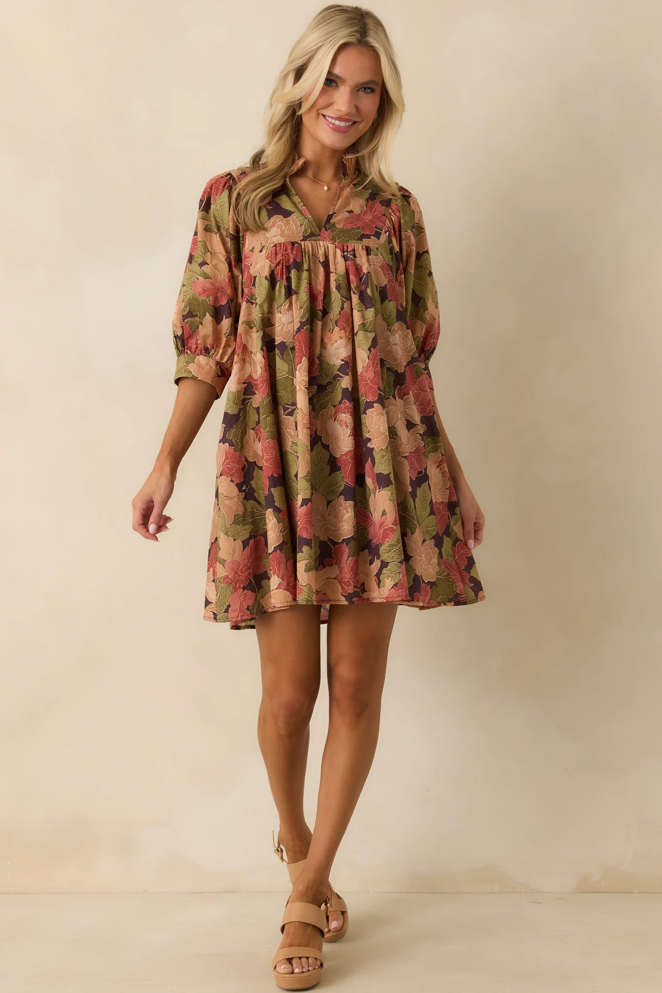 Under The Willow Brown Multi Floral Print Cotton Mini Dress