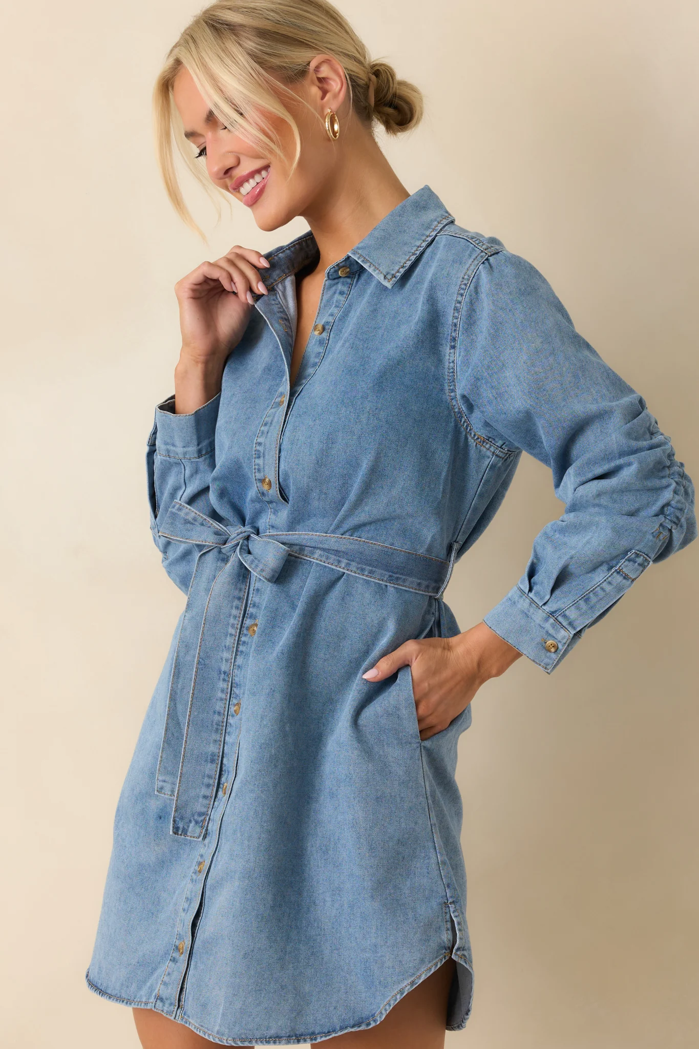 Count Me In Light Wash Cotton Denim Long Sleeve Mini Dress