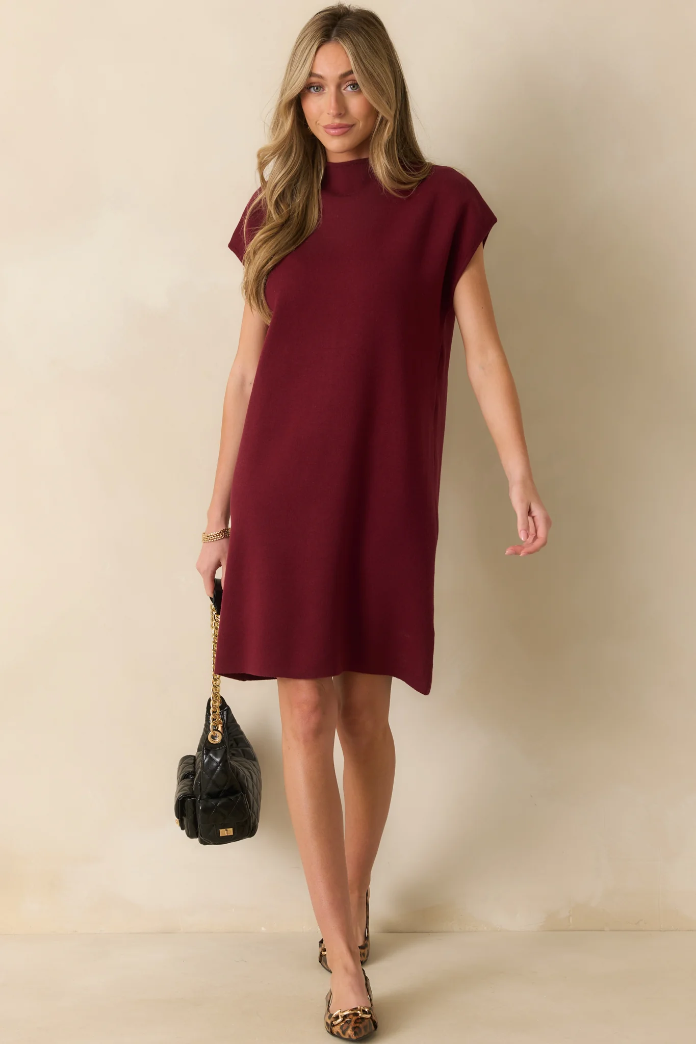 Burgundy Knit Mock Neck Mini Dress