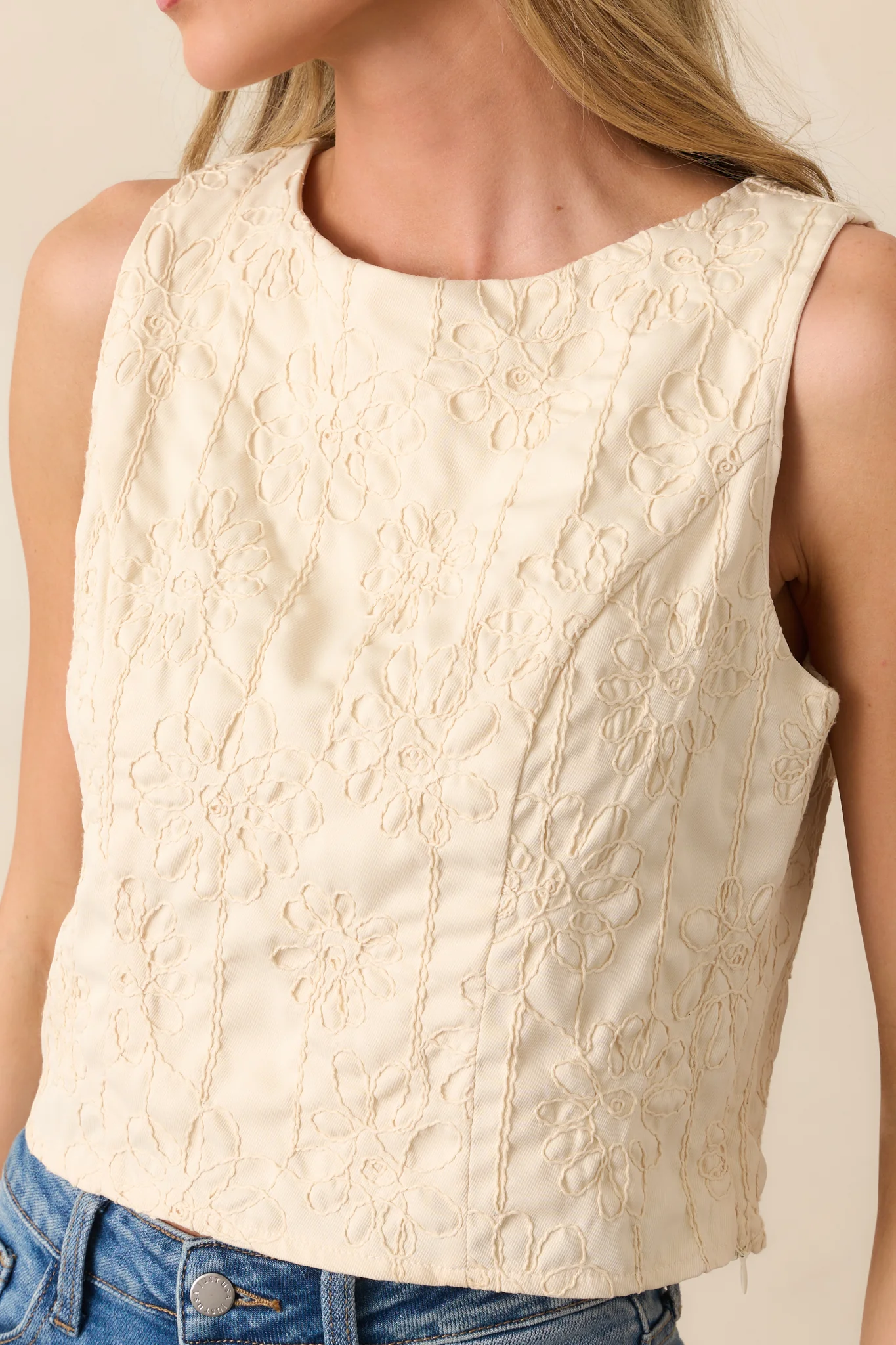 One For The Books Beige Floral Embroidered Top