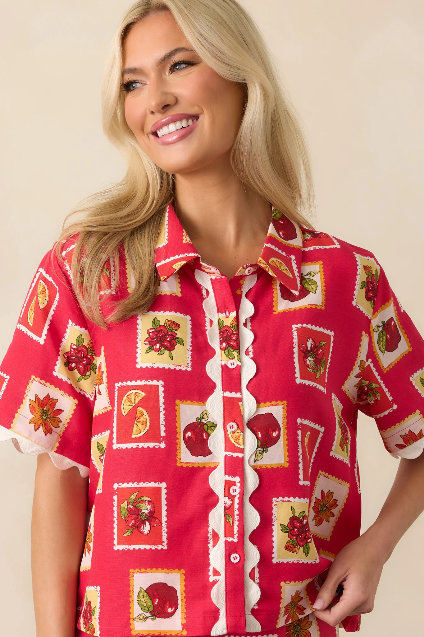 Peace Within Red Patchwork Print Linen Blend Button Front Top