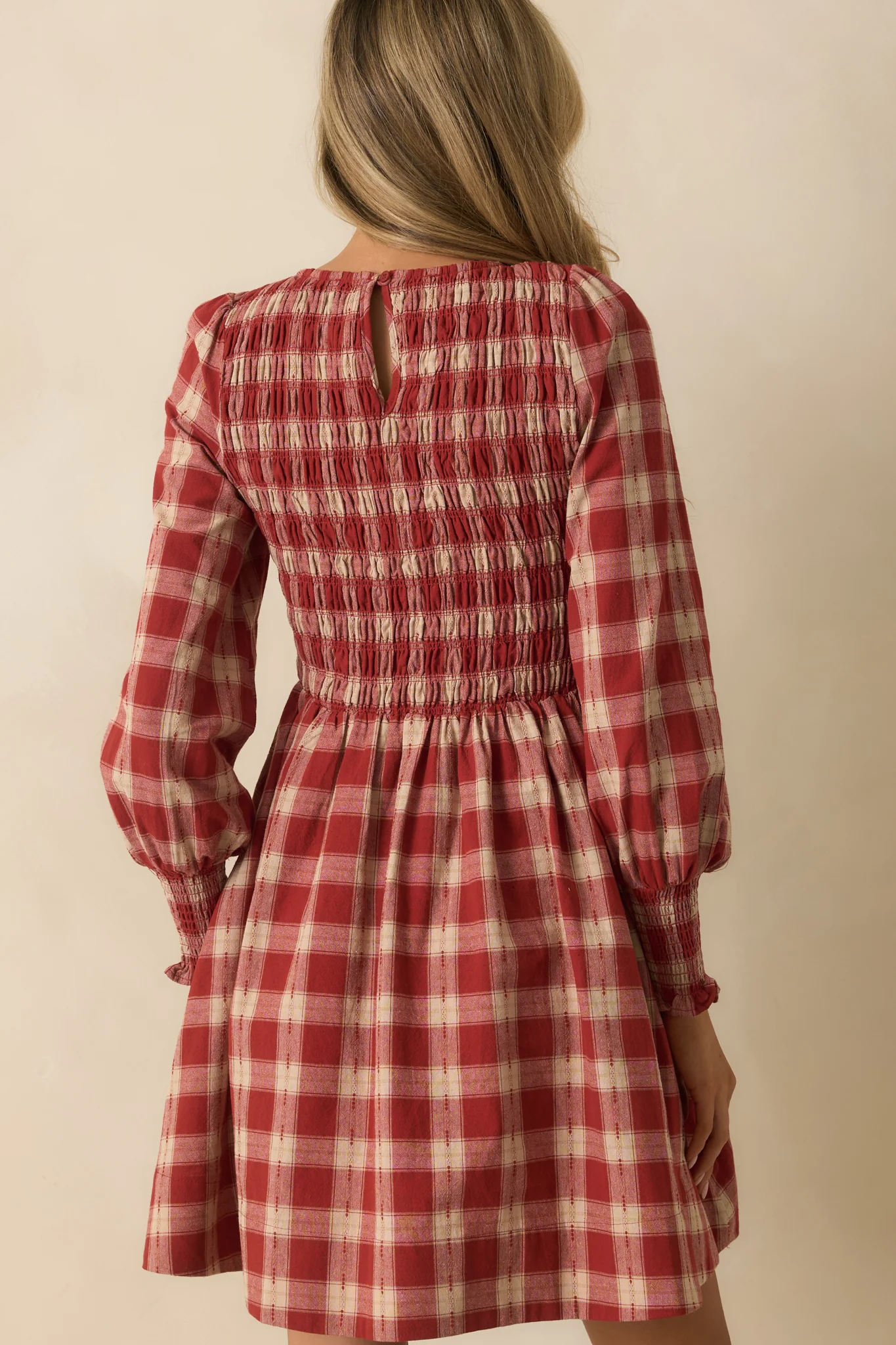 By All Means Brick Red Gingham Cotton Long Sleeve Mini Dress