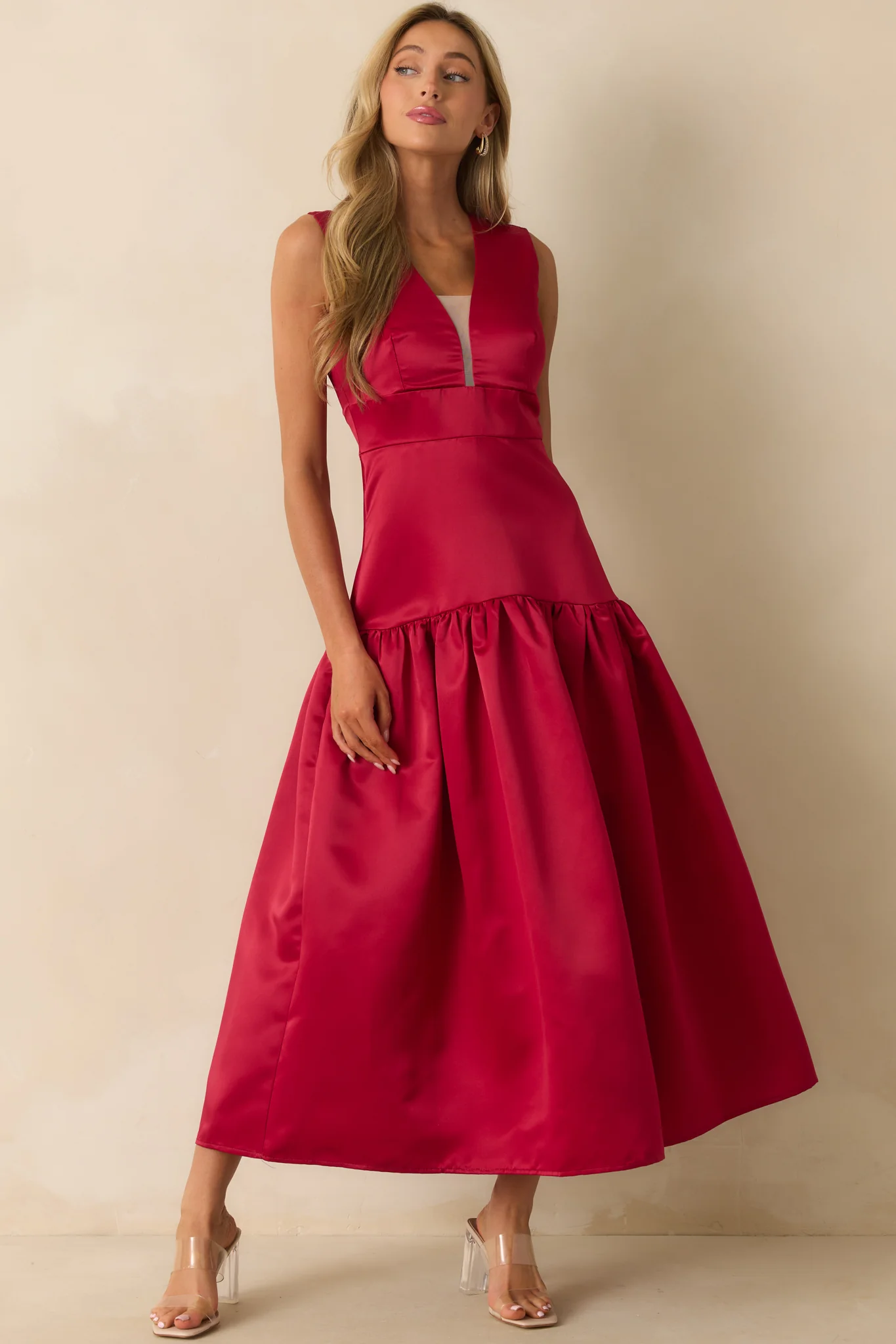 Never Out Of Reach Red Satin Sleeveless Drop Waist Maxi Dress