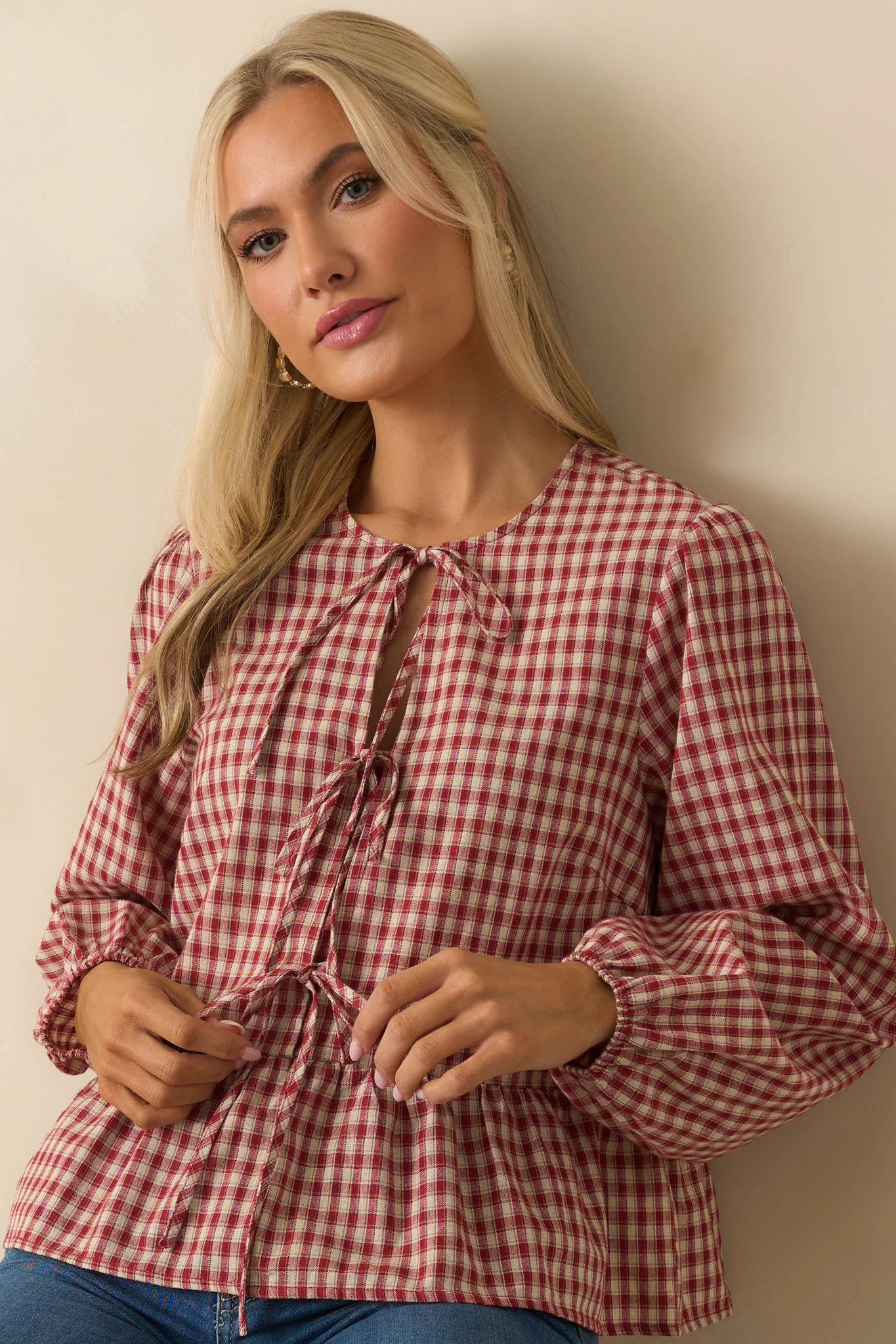 Her Own Thing Red Gingham Long Sleeve Bow Front Peplum Top