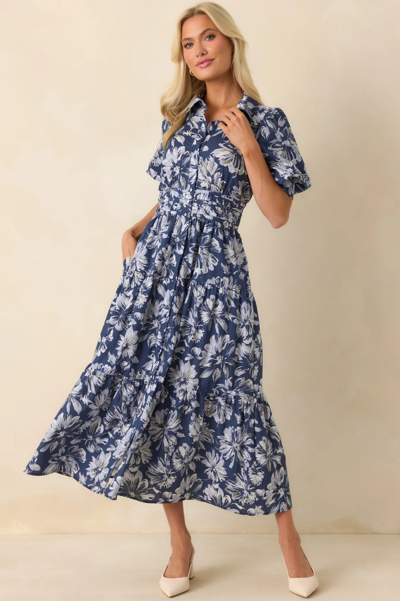 Slow Sundays Navy Floral Print Cotton Maxi Shirt Dress