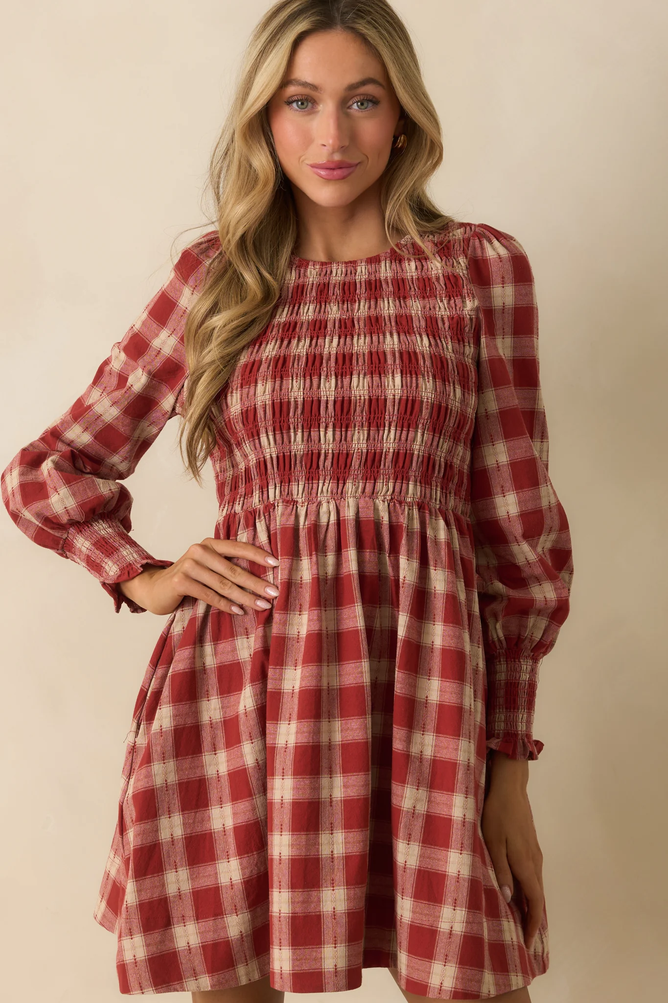 By All Means Brick Red Gingham Cotton Long Sleeve Mini Dress