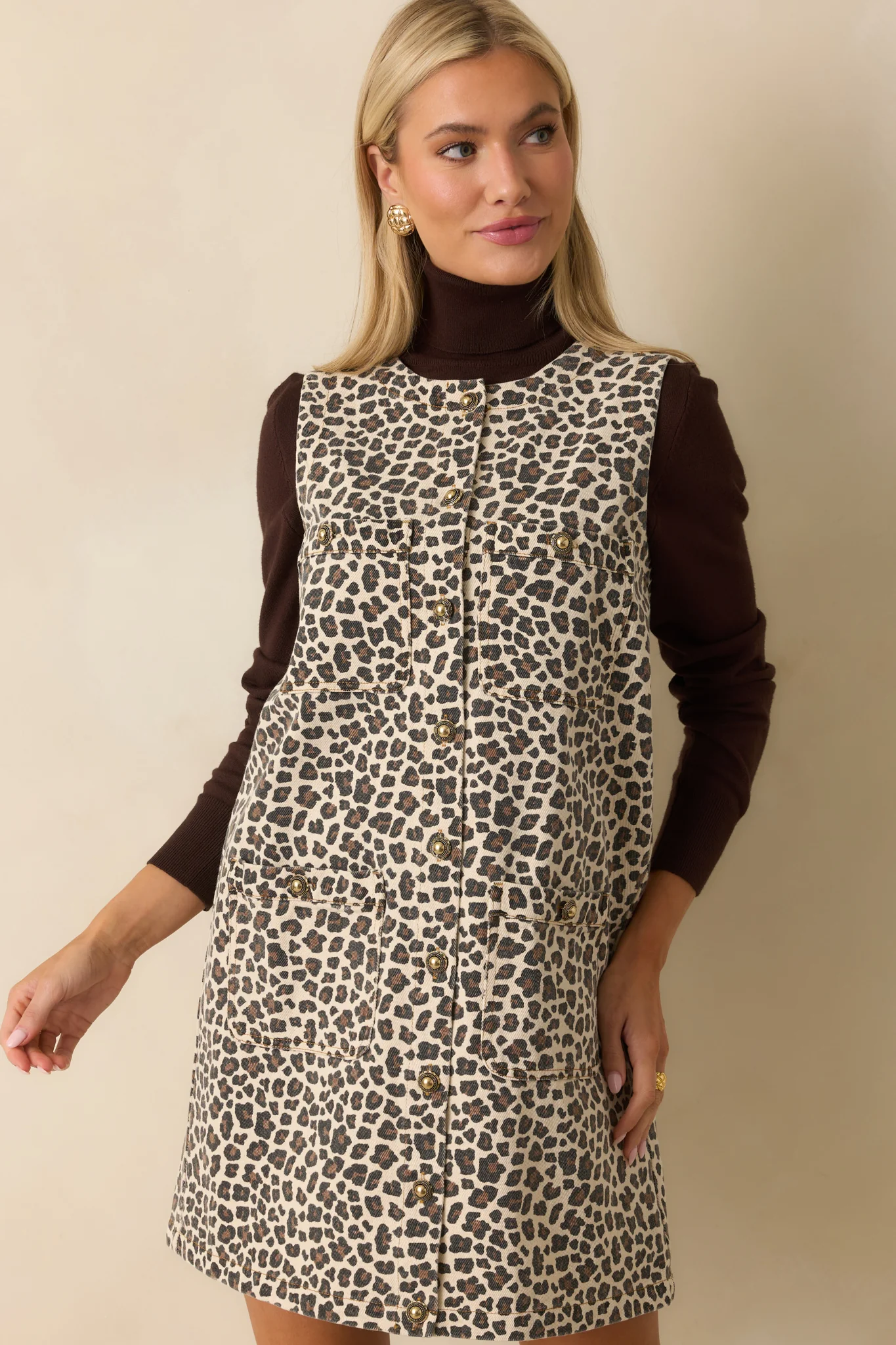 Her Sweet Side Beige Leopard Print Cotton Denim Mini Dress