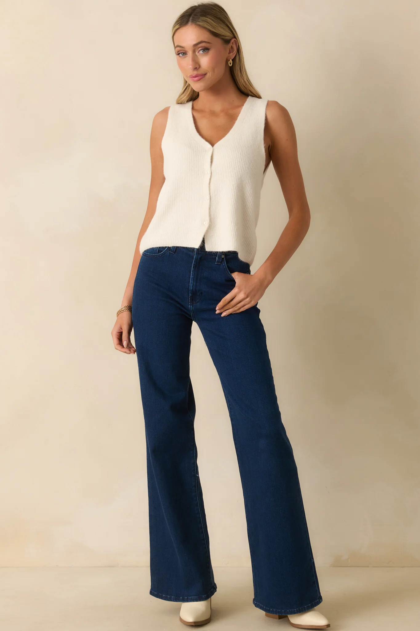 Dark Wash Cotton Denim Wide Leg Jeans