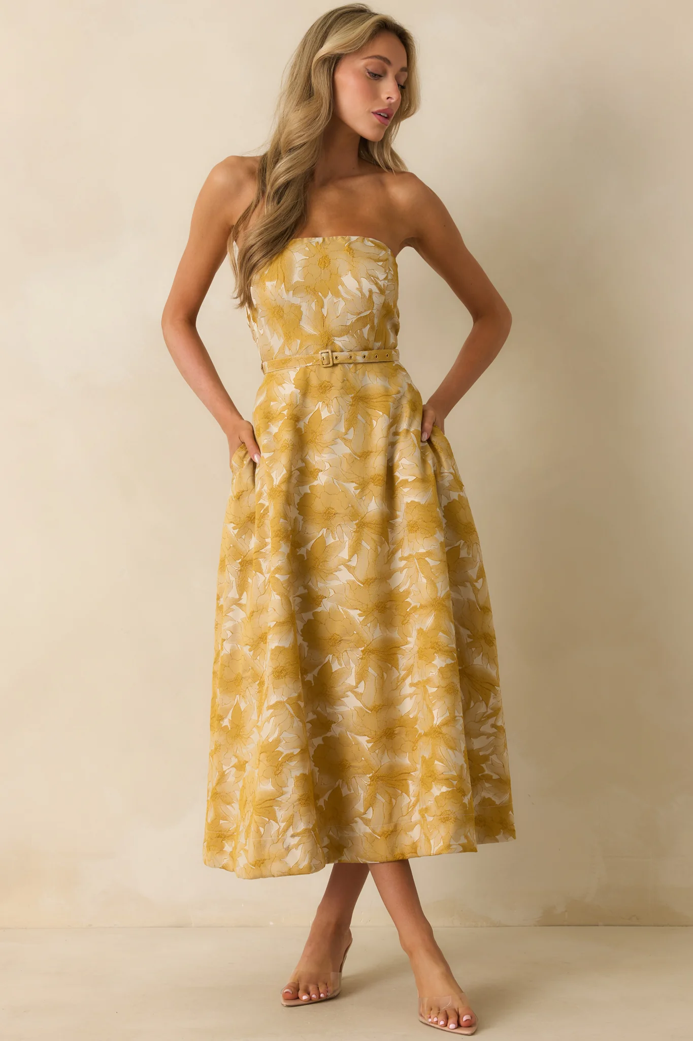 Perfectly Placed Yellow Gold Floral Jacquard Strapless Midi Dress