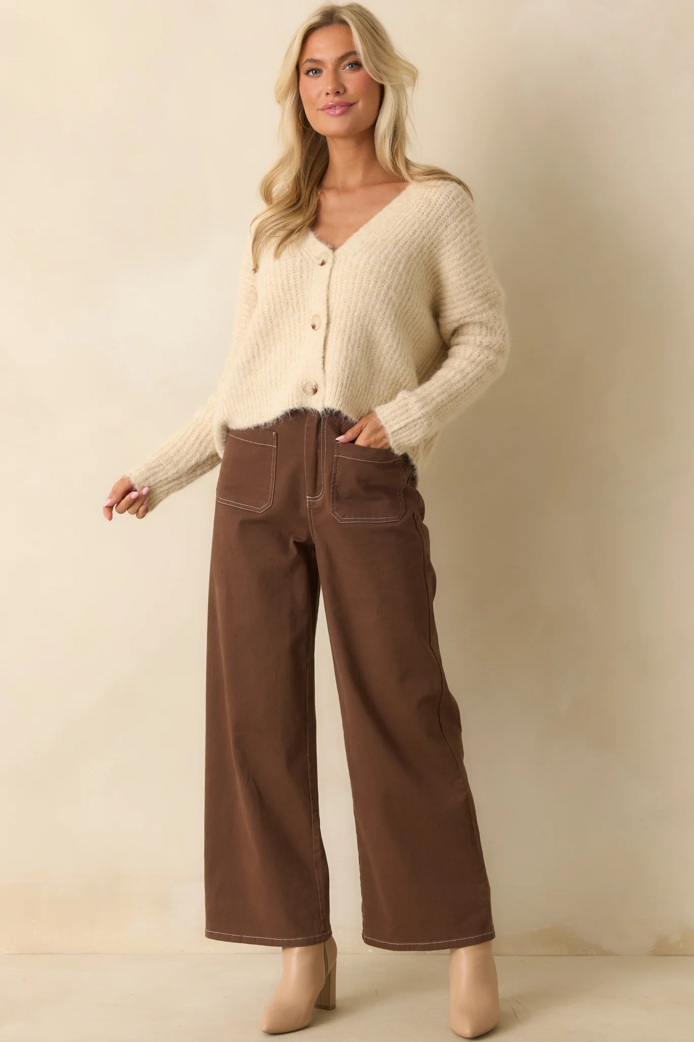 What Makes Sense Brown Cotton Contrast Stitch Wide Leg Pants