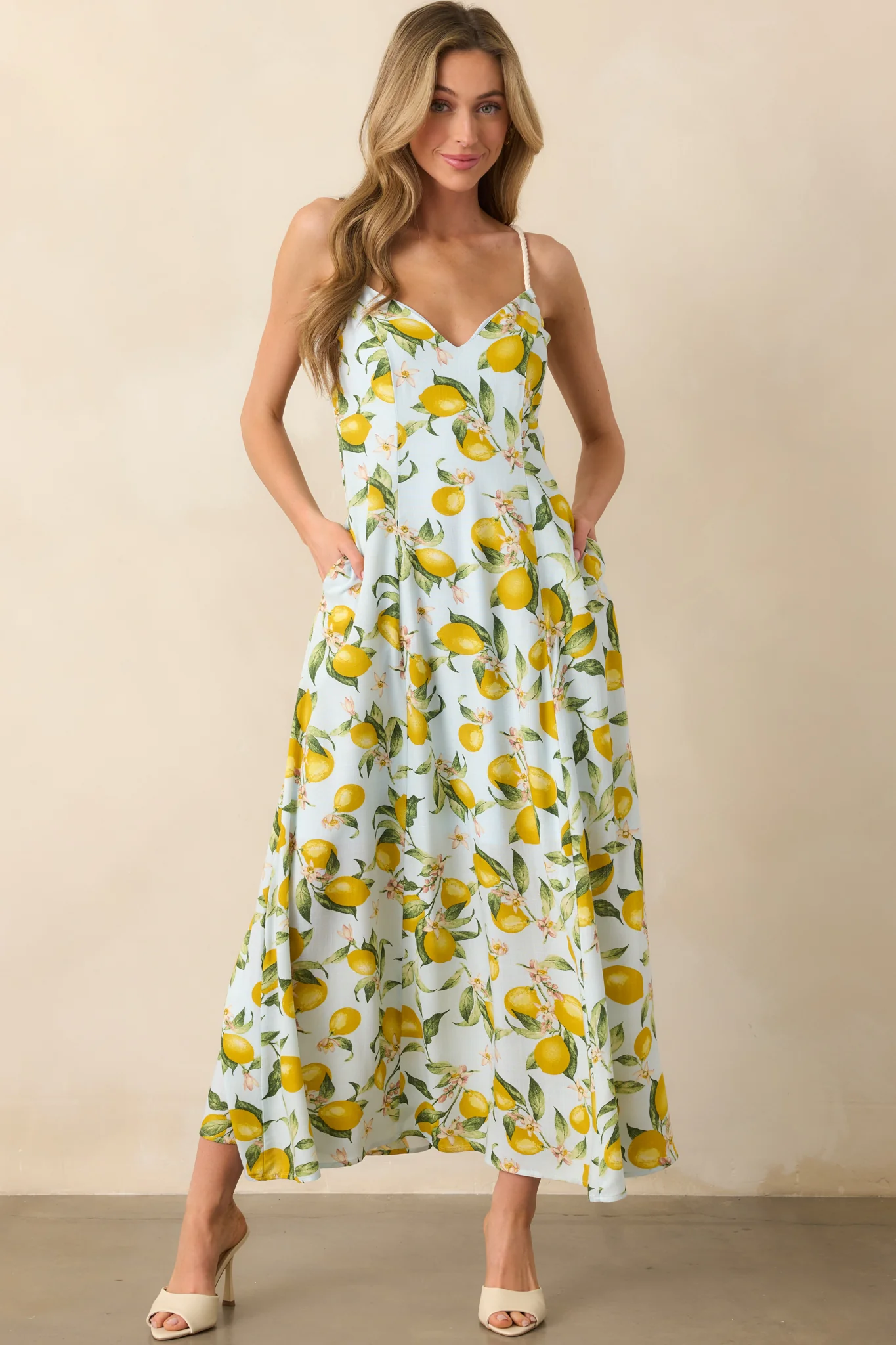In The Shade Light Blue Lemon Print Cross Back Maxi Dress