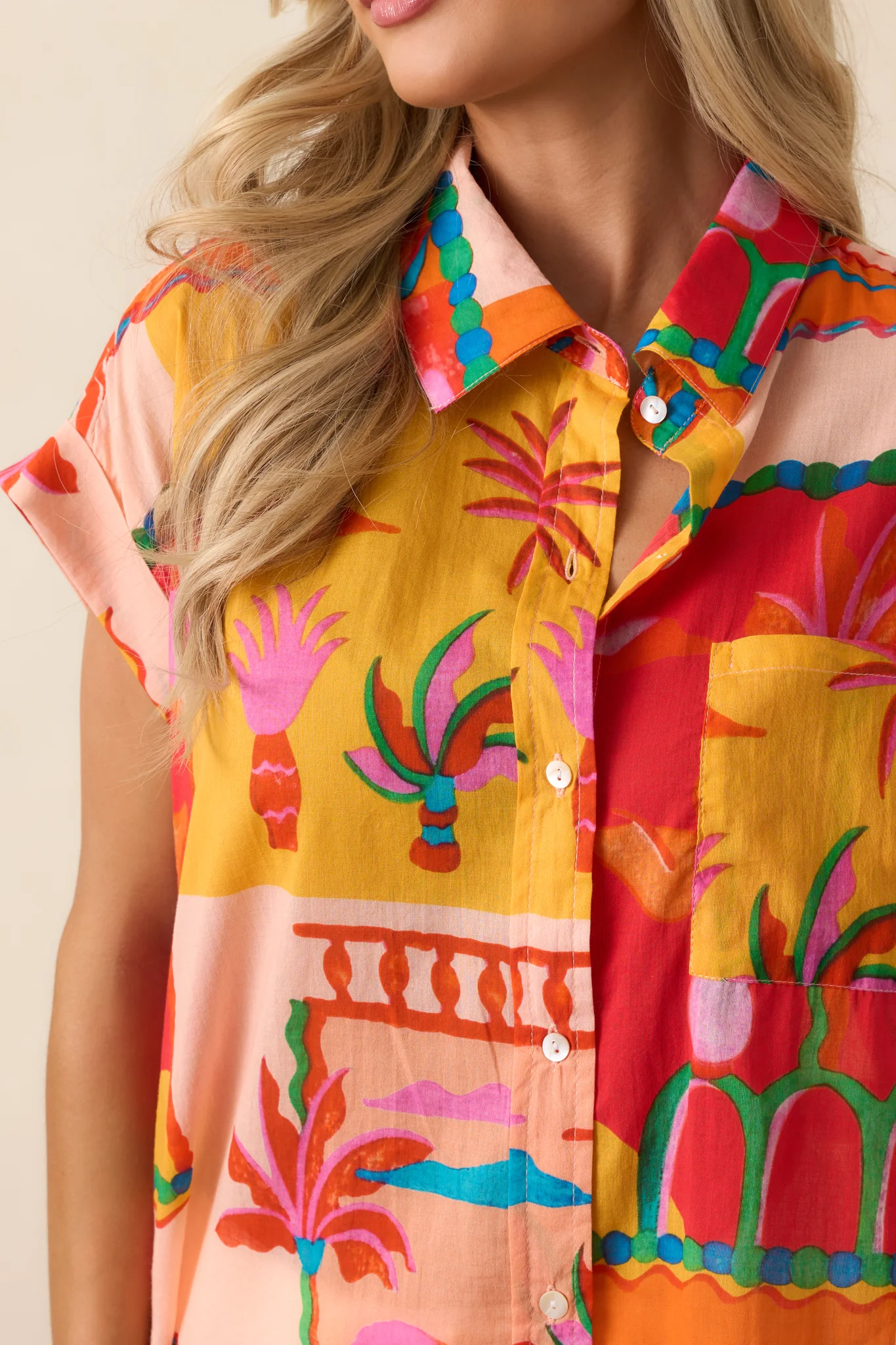 Urban Jungle Orange Tropical Print Cotton Button Front Top