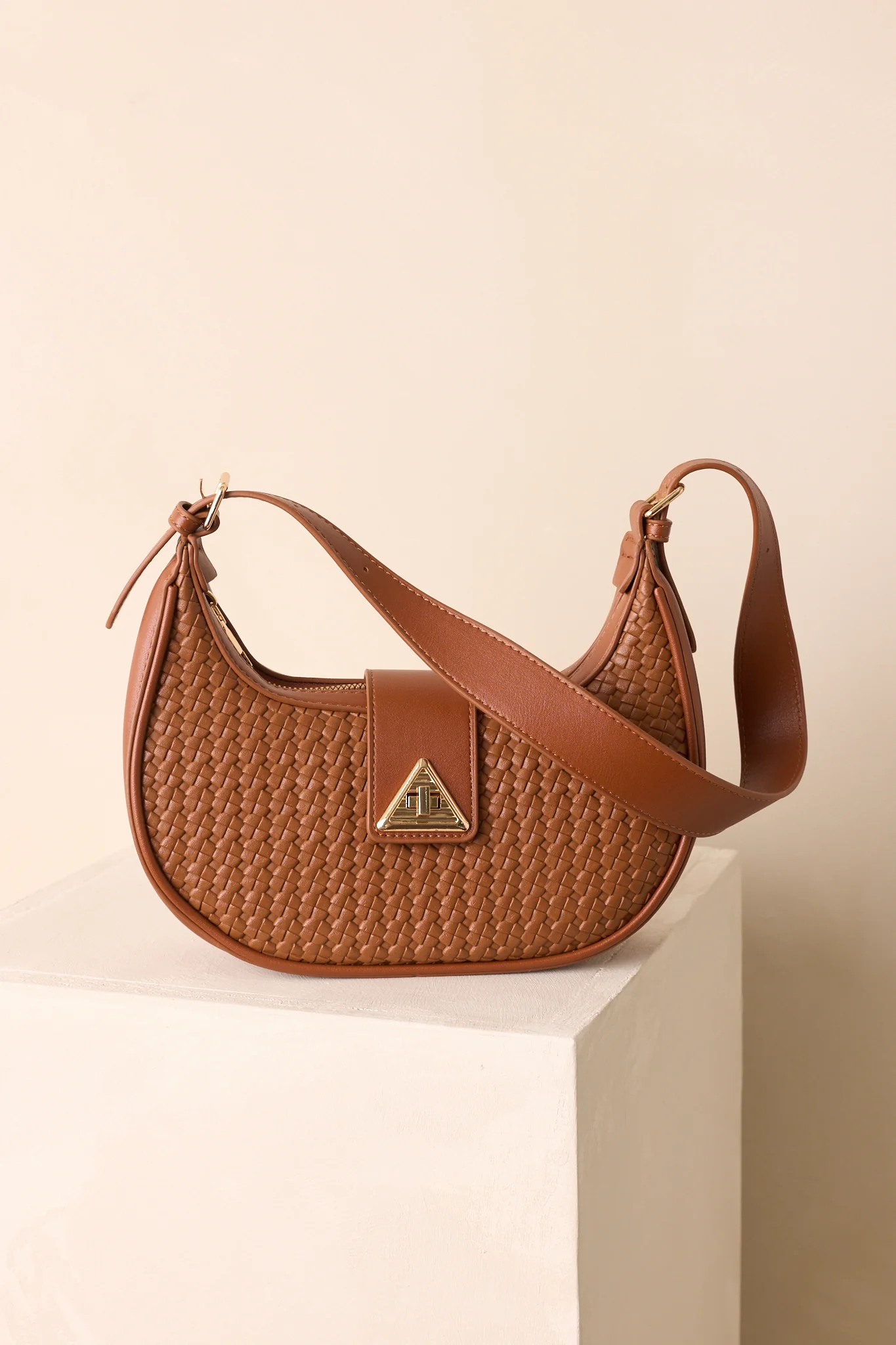 Trust Me On This One Cognac Brown Woven Faux Leather Handbag