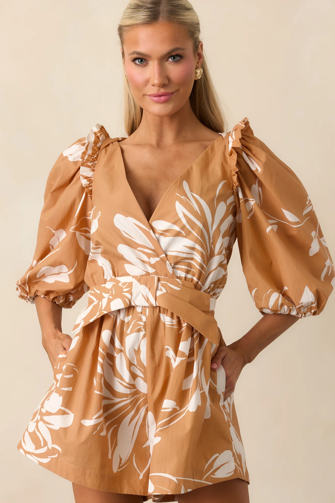 Fawn Brown Multi Floral Print Cotton Romper