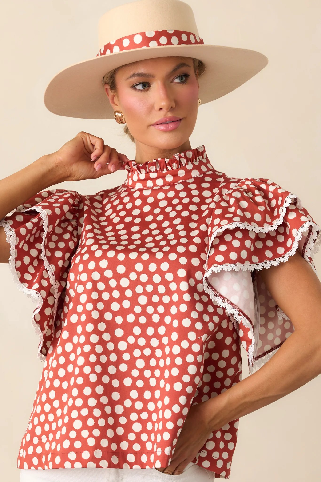 Prosperina Blair Brick Red Polka Dot Cotton Ruffle Top
