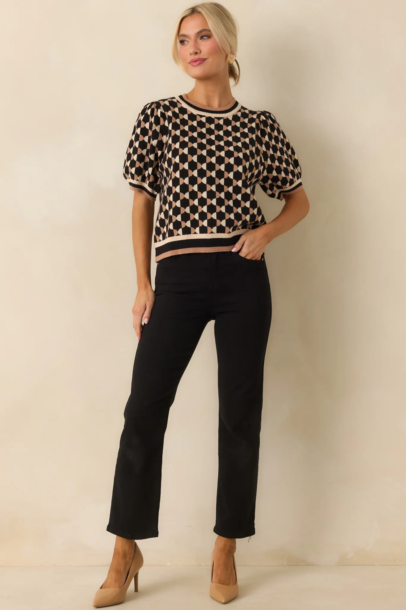 All Comes Together Black Multi Geometric Print Puff Sleeve Knit Top