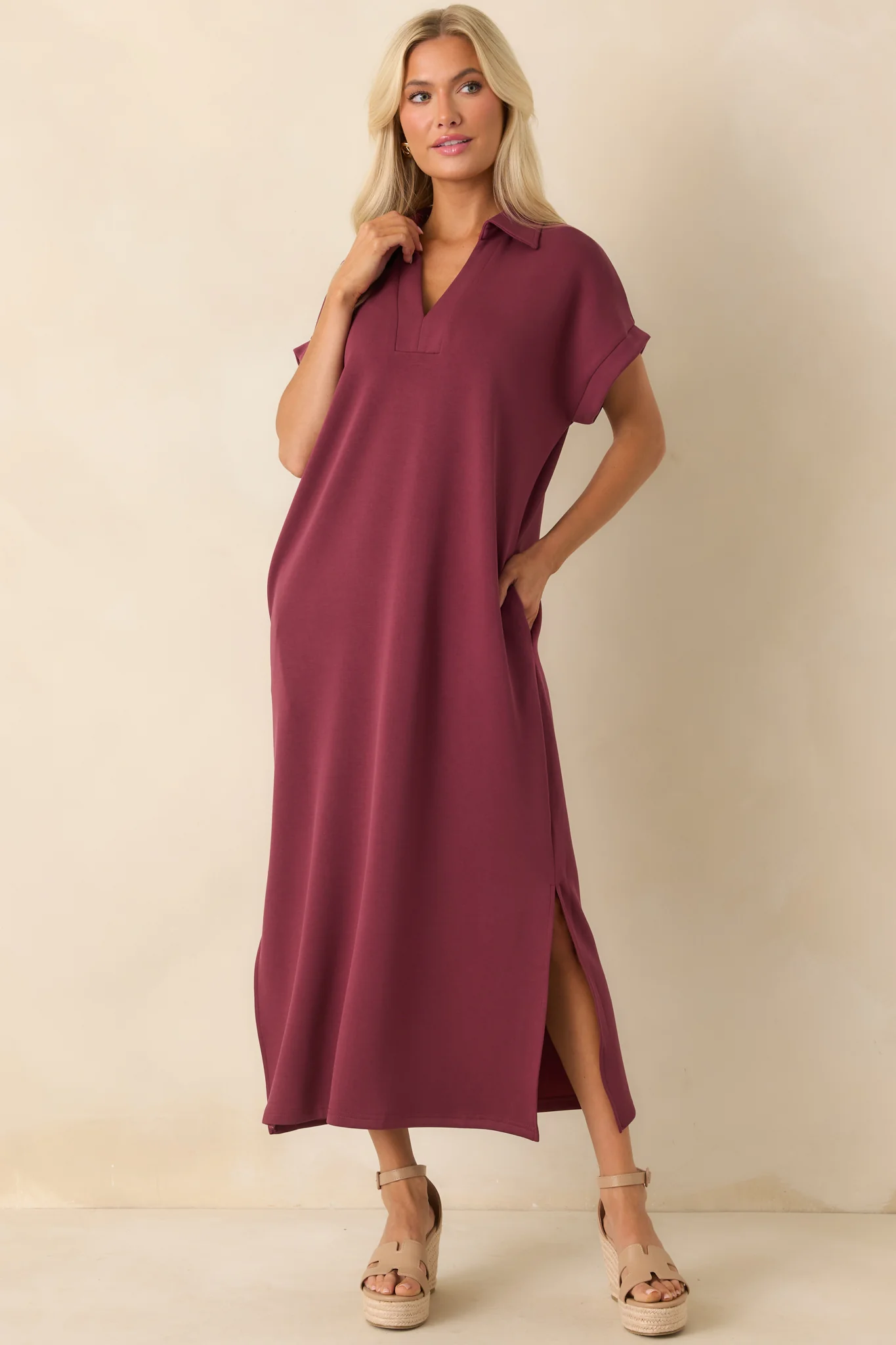 Made The Right Call Burgundy Collared Midi T-Shirt Dress