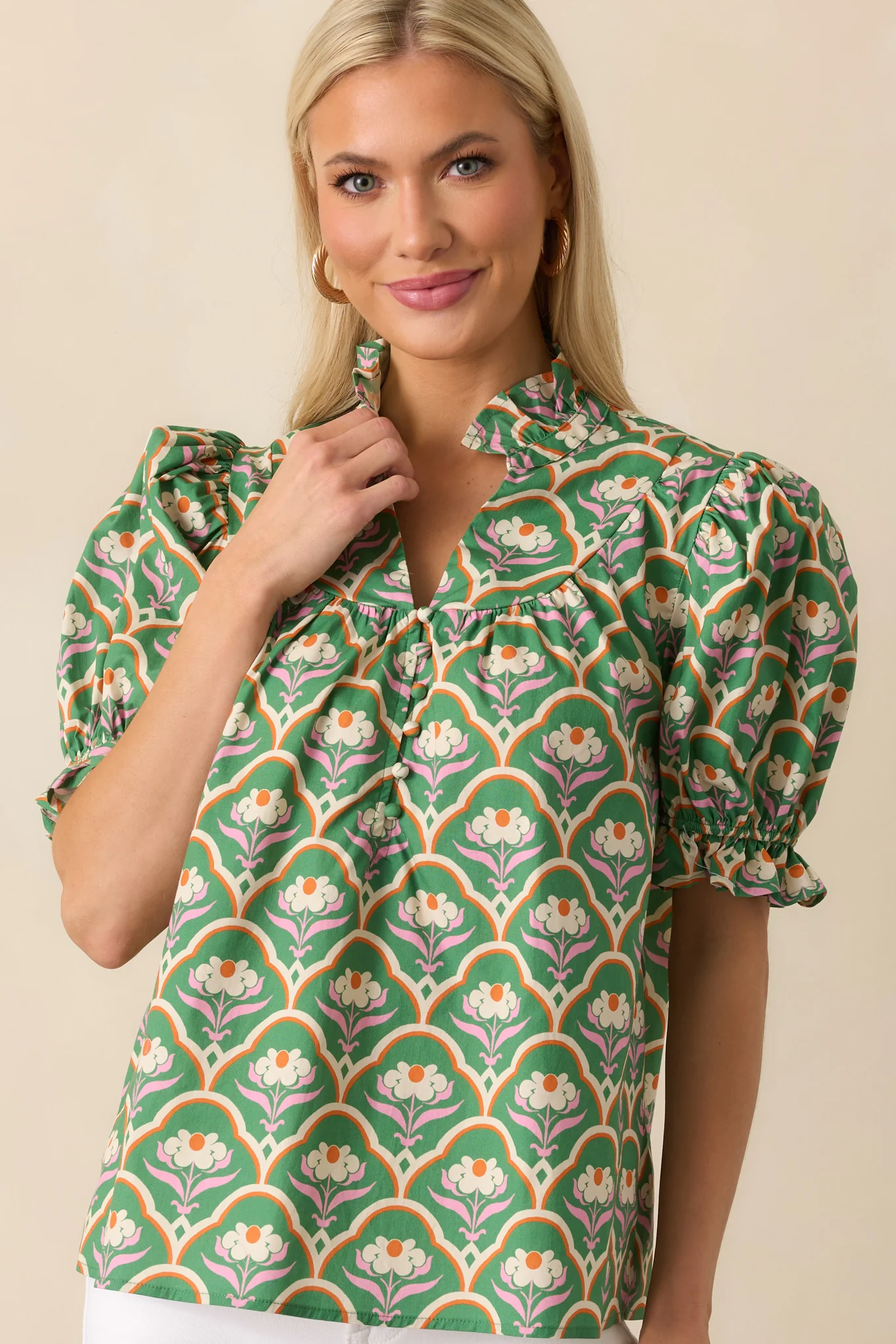 Crossed My Mind Green Geometric Floral Print Cotton Top
