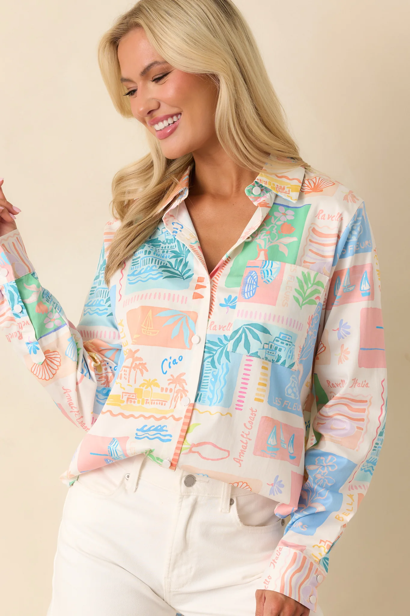 Prosperina Paula Multi Print Cotton Button Front Top