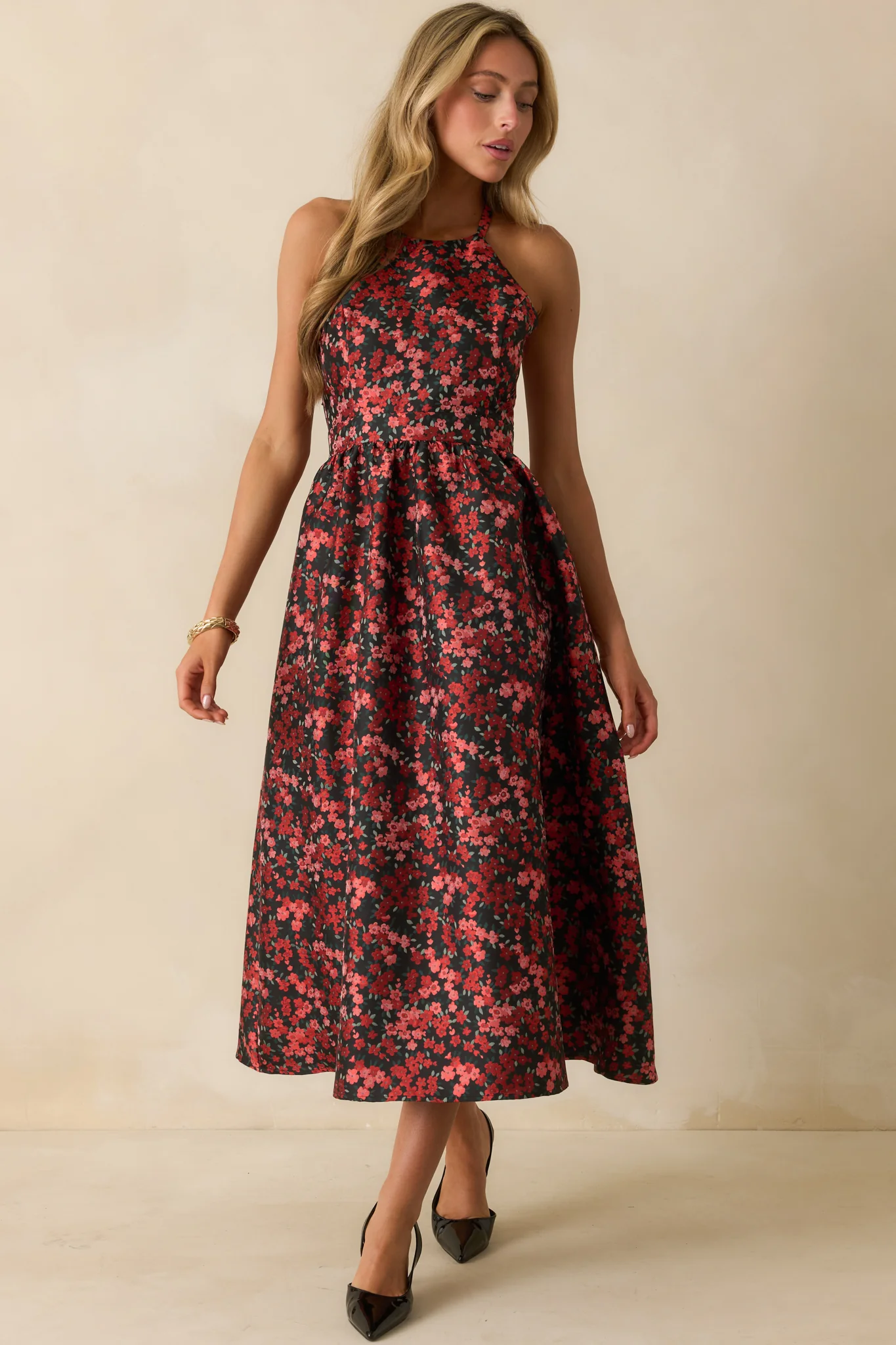 Worth Every Second Red Multi Floral Jacquard Halter Midi Dress