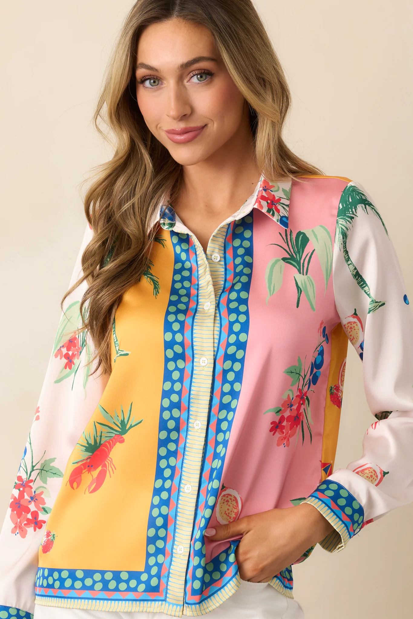 Go With The Flow Yellow Colorblock Coastal Print Button Front Top