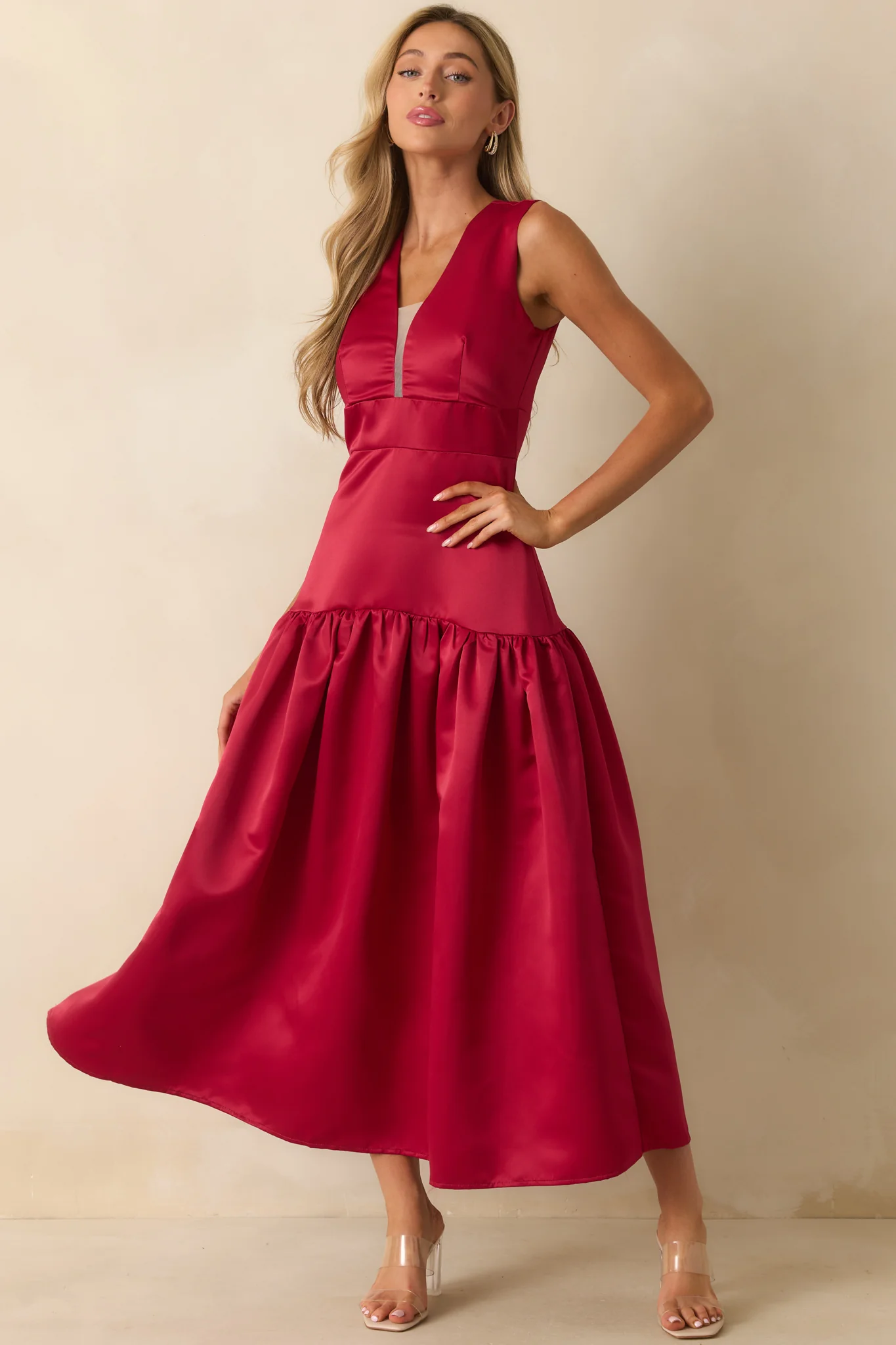 Never Out Of Reach Red Satin Sleeveless Drop Waist Maxi Dress