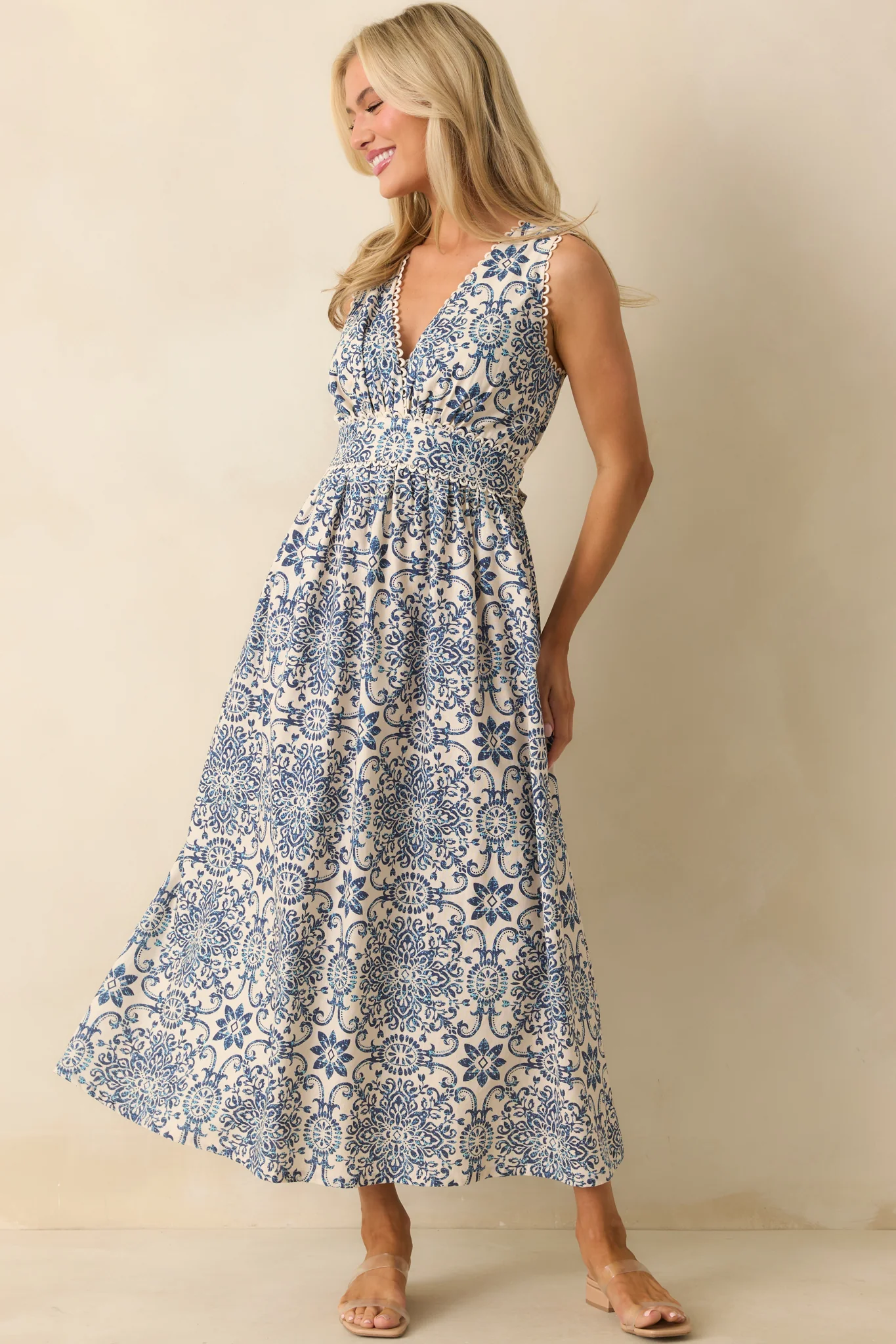 A Lovely Escape Blue Tile Print Linen Blend Sleeveless Maxi Dress