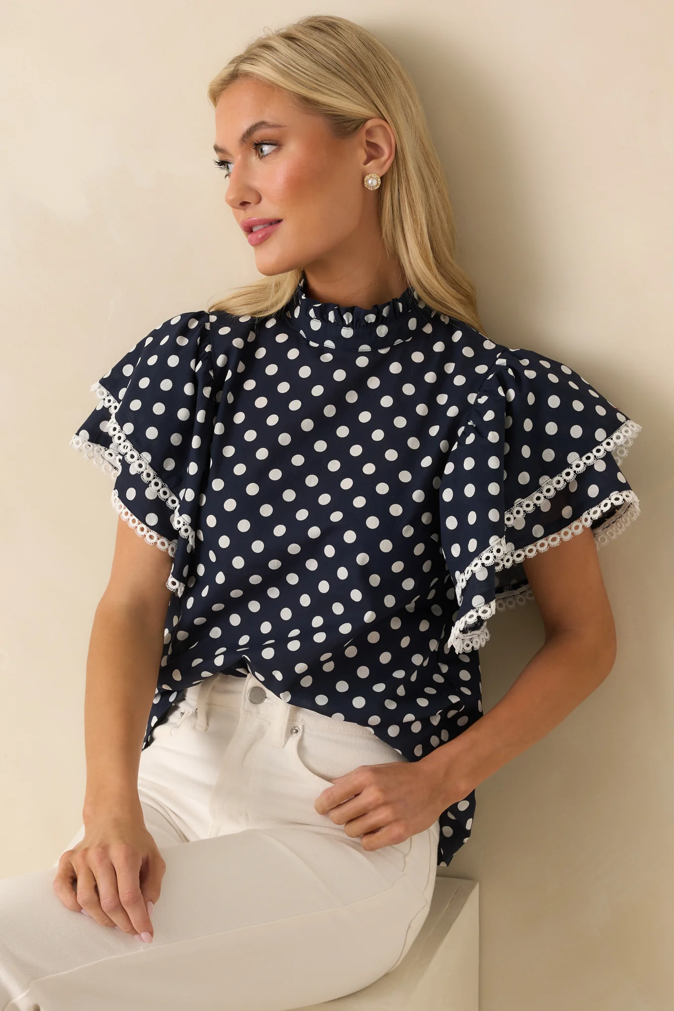 Prosperina Blair Navy Polka Dot Cotton Ruffle Top