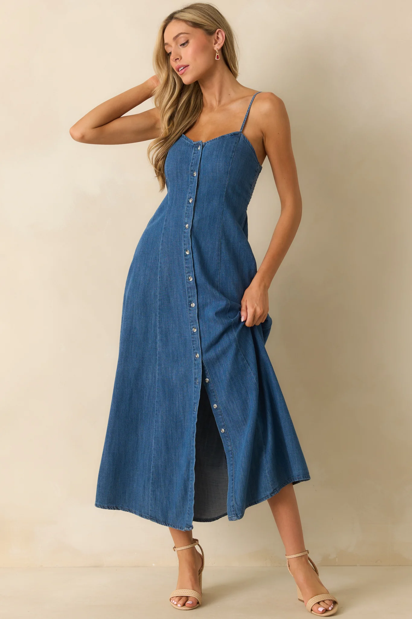 Z Supply Medium Wash Cotton Angel Eyes Denim Midi Dress