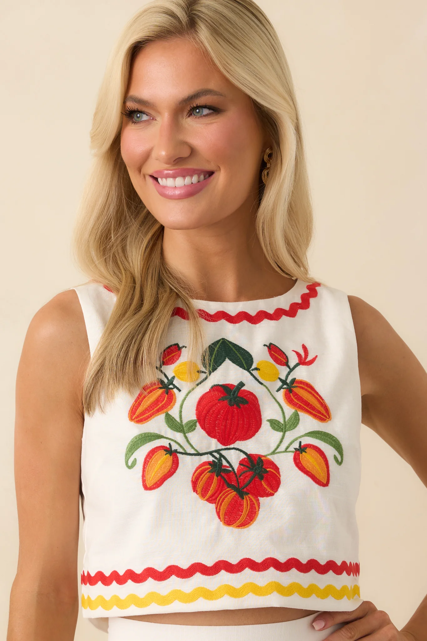 Prosperina Ellie Tomato Embroidered Ivory Cotton Top