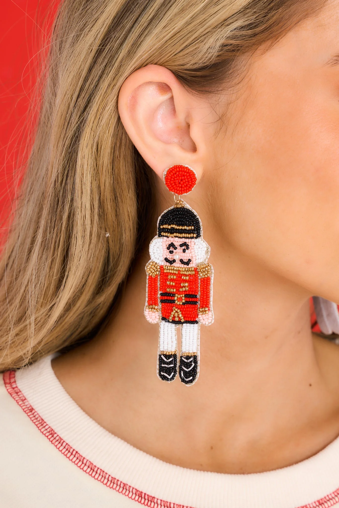Nutcracker Statue Red Beaded Earrings