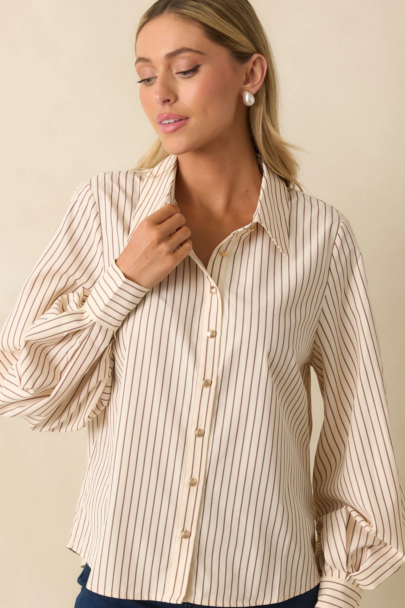Ivory Pinstripe Long Sleeve Button-Up Blouse