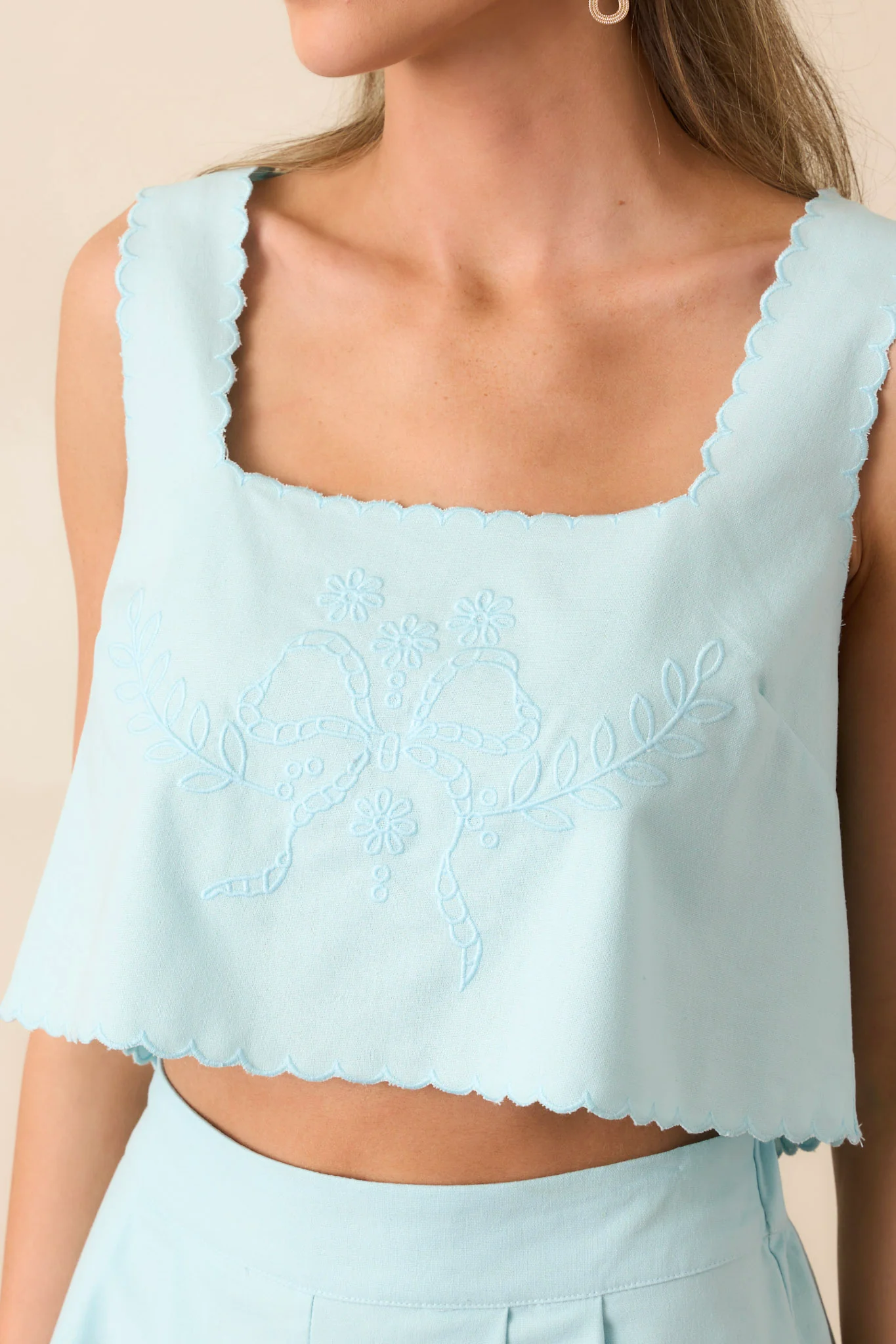 New Chapter Light Blue Embroidered Scallop Hem Top