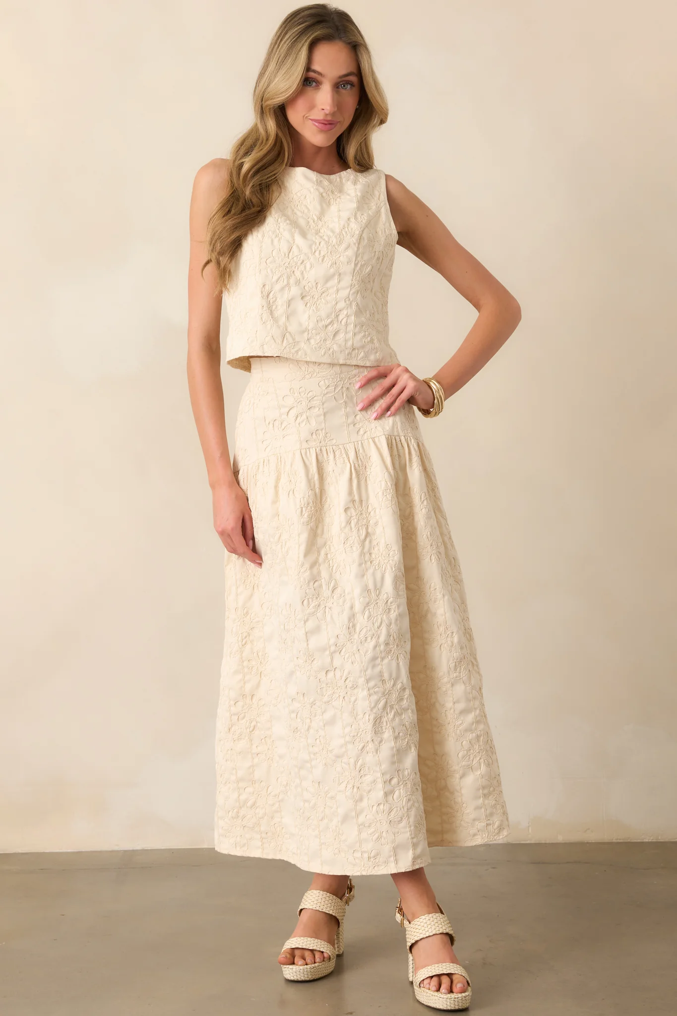 One For The Books Beige Floral Embroidered Top