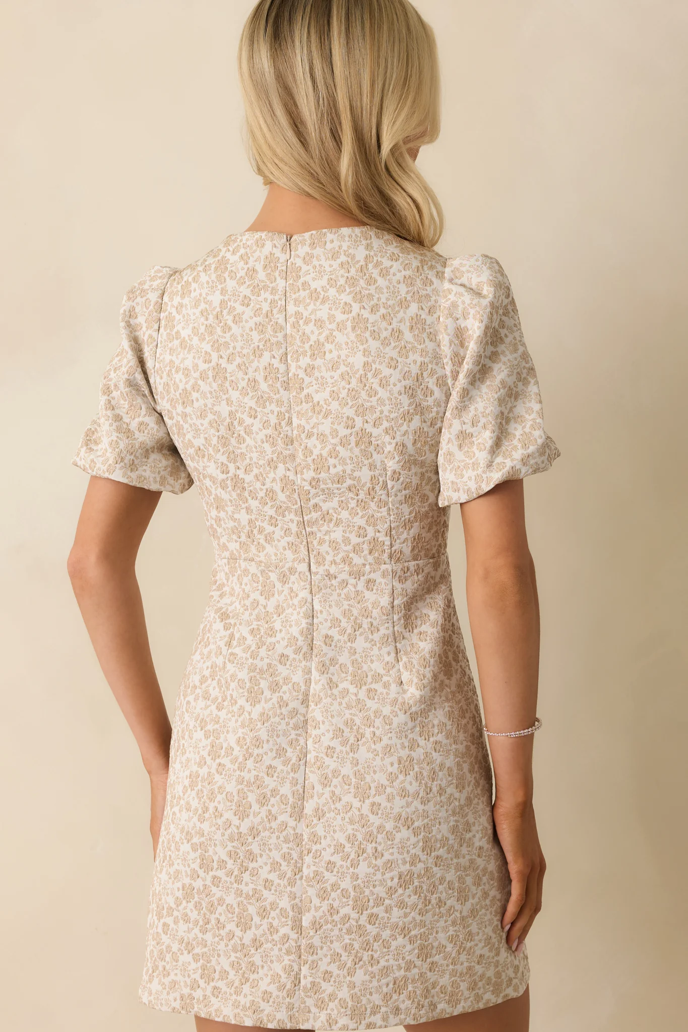 First Impression Beige Floral Jacquard Puff Sleeve Mini Dress